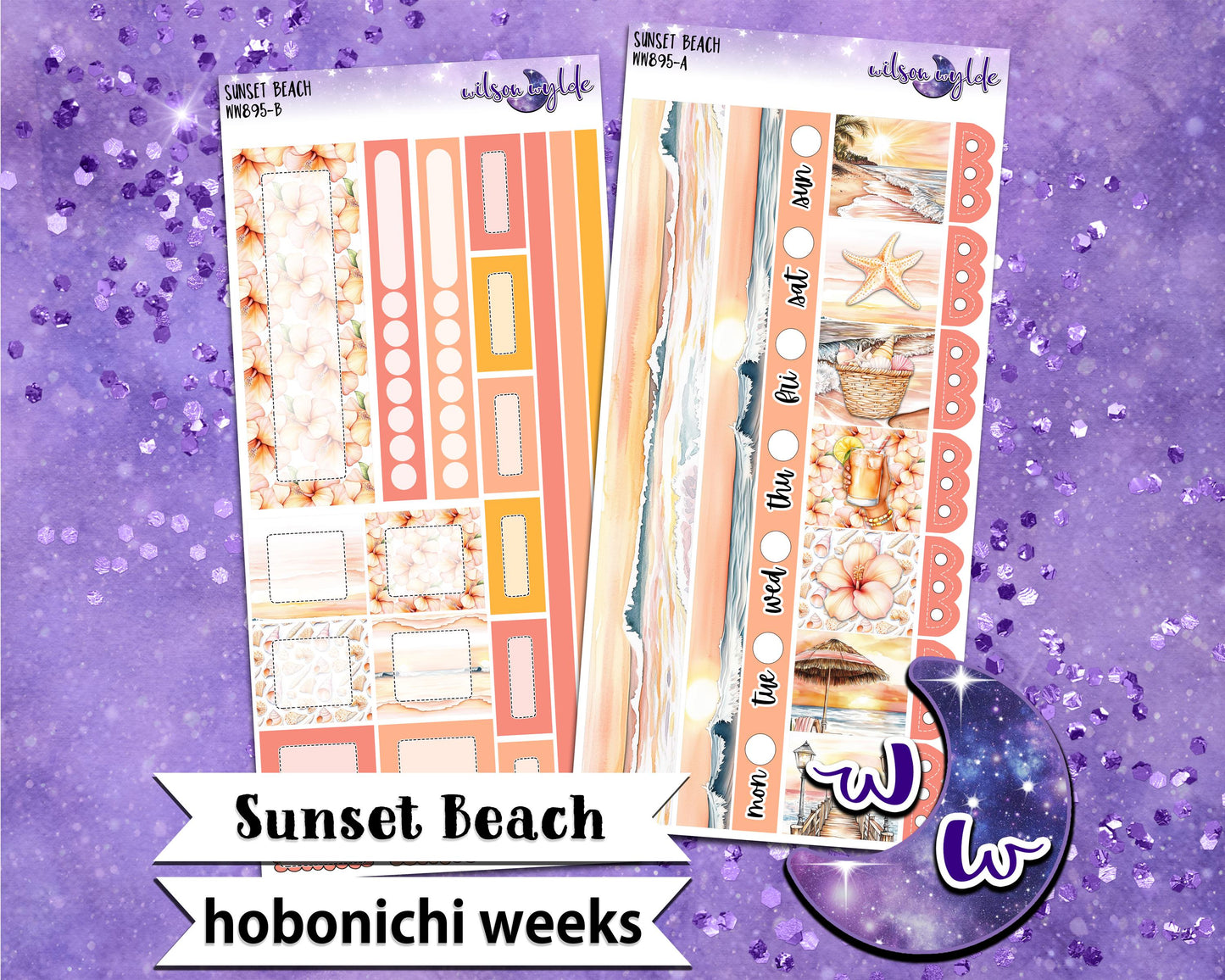 Sunset Beach weekly sticker kit, HOBONICHI WEEKS format, a la carte and bundle options. WW895
