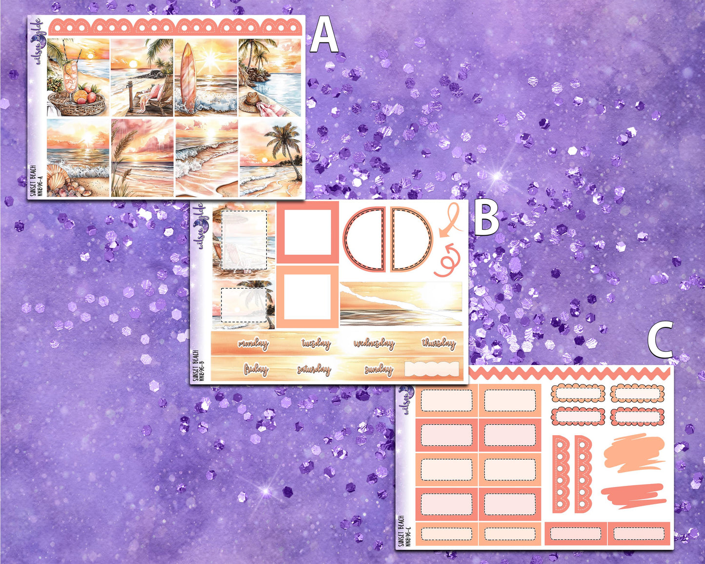 Sunset Beach mini weekly sticker kit, Cousin or Standard Vertical format, a la carte and bundle options. WW896