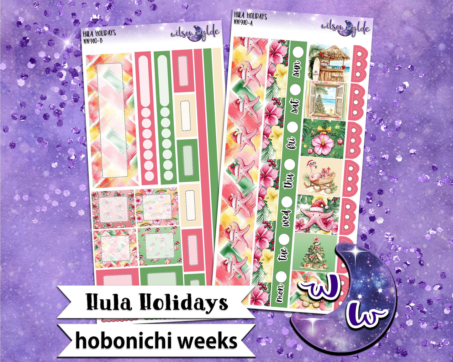 Hula Holidays, Christmas in July, weekly sticker kit, HOBONICHI WEEKS format, a la carte and bundle options. WW910