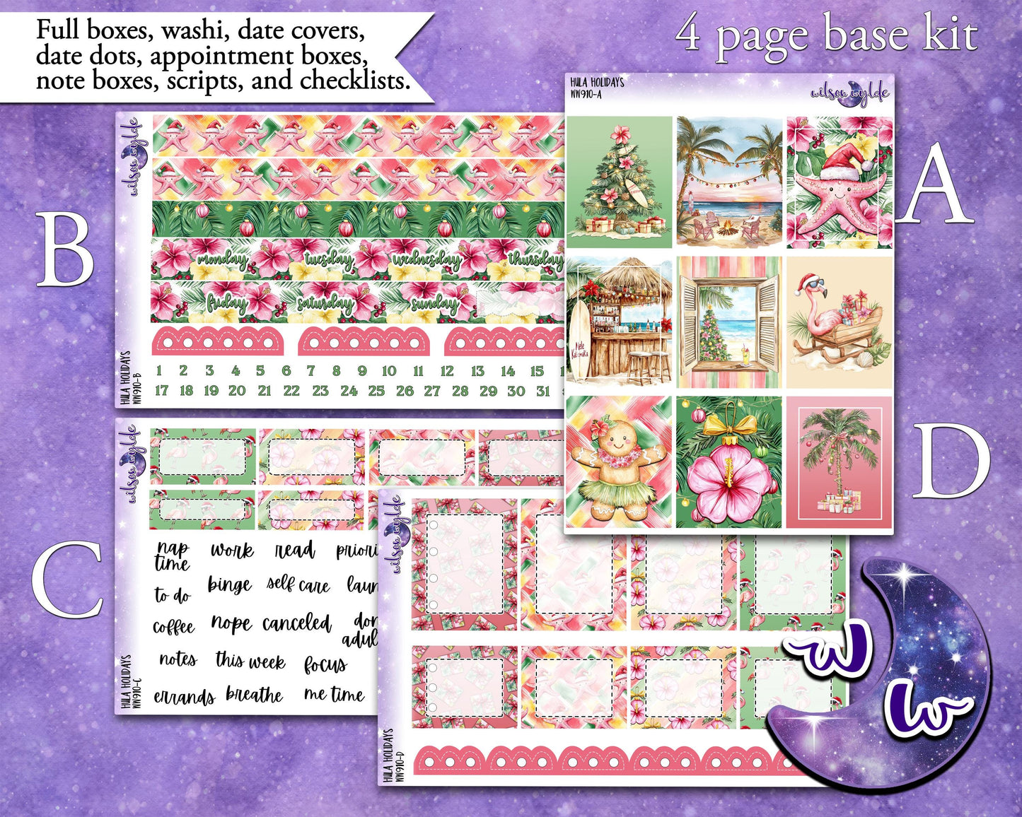 Hula Holidays weekly sticker kit, STANDARD VERTICAL format, a la carte and bundle options. Christmas in July WW910