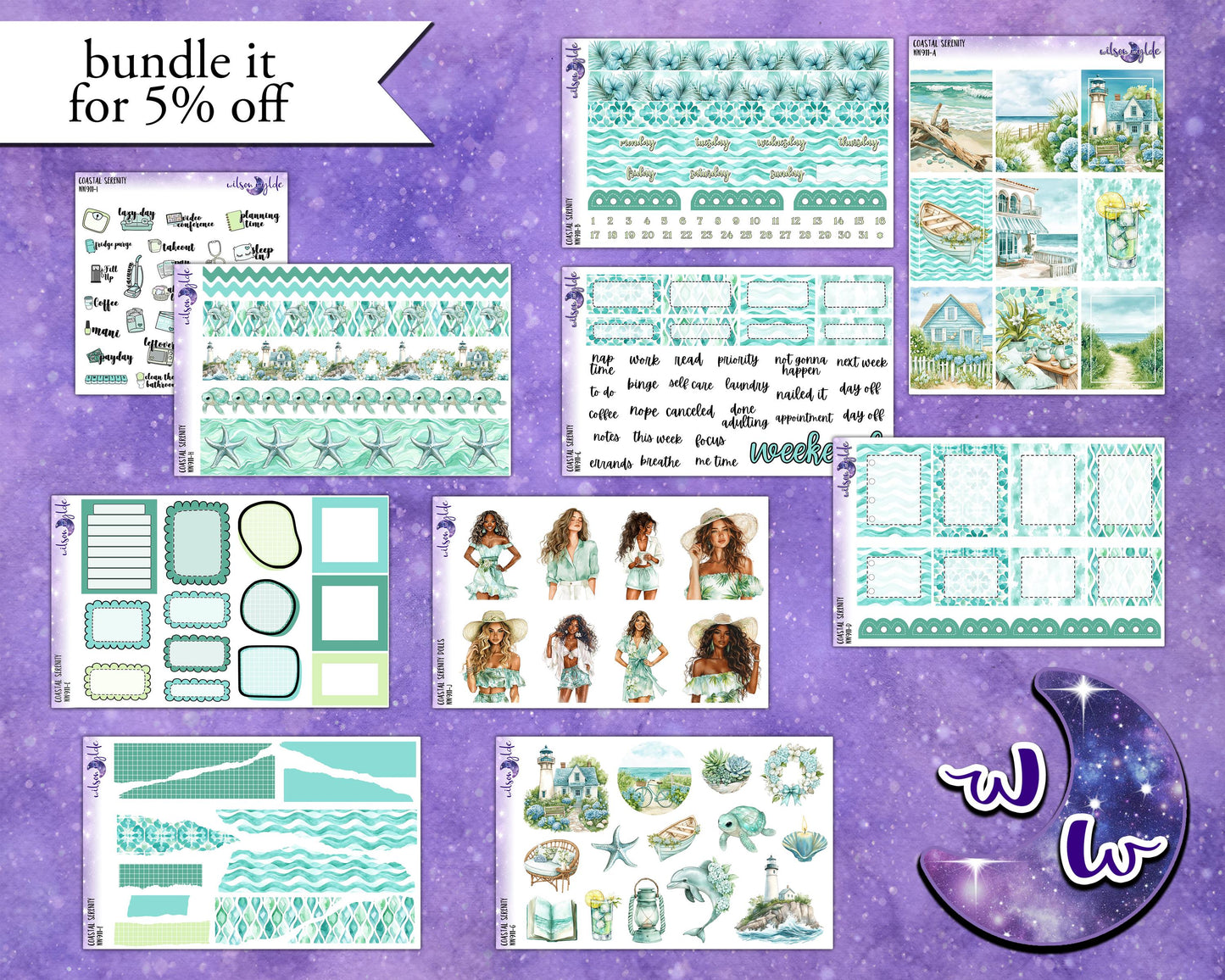 Coastal Serenity weekly sticker kit, HOBONICHI COUSIN format, a la carte and bundle options. WW904