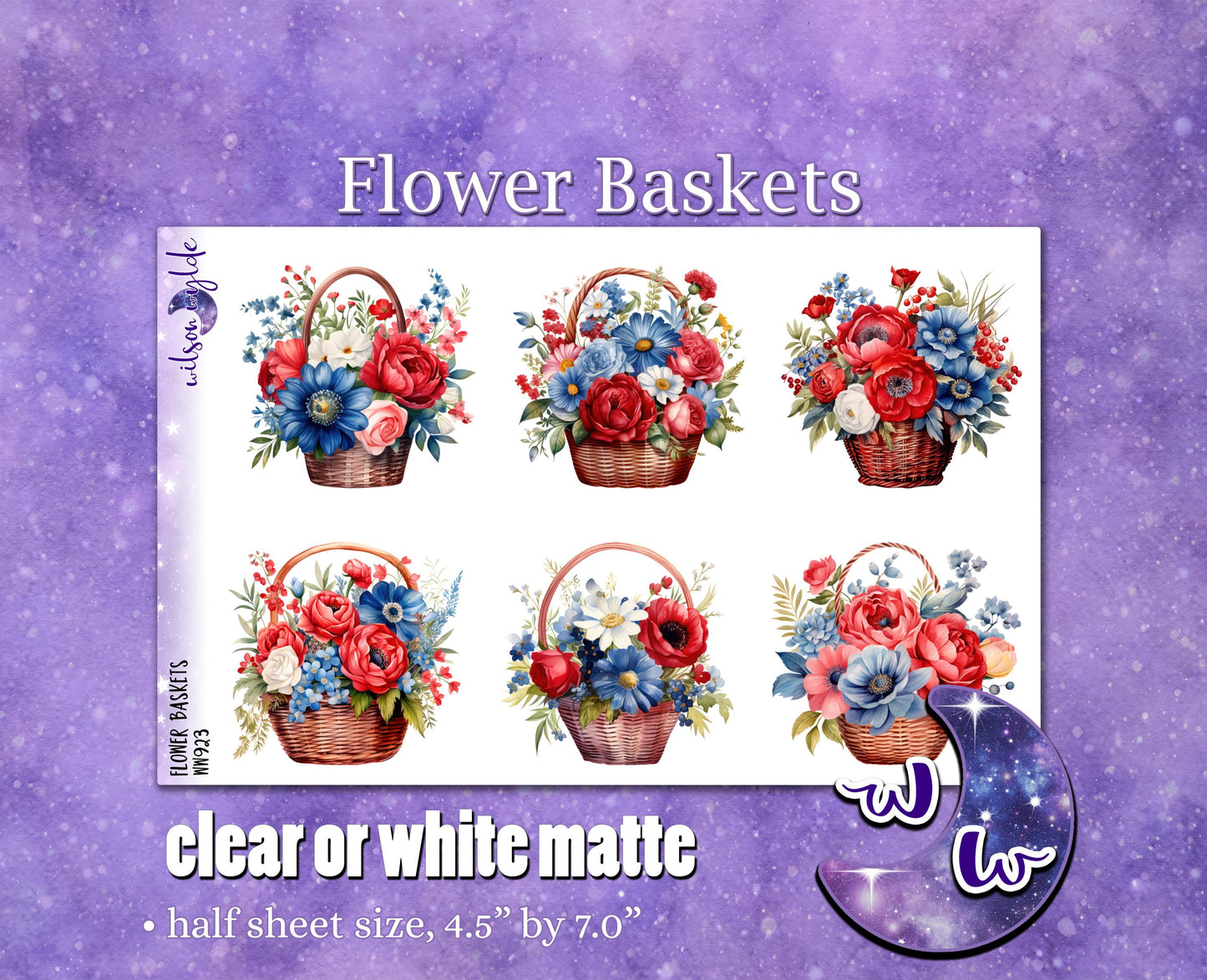 Flower Baskets deco planner stickers, Matte or frosted clear. WW923