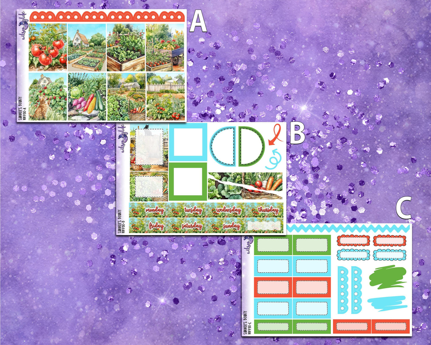 Summer's Bounty mini weekly sticker kit, Cousin or Standard Vertical format, a la carte and bundle options. WW930