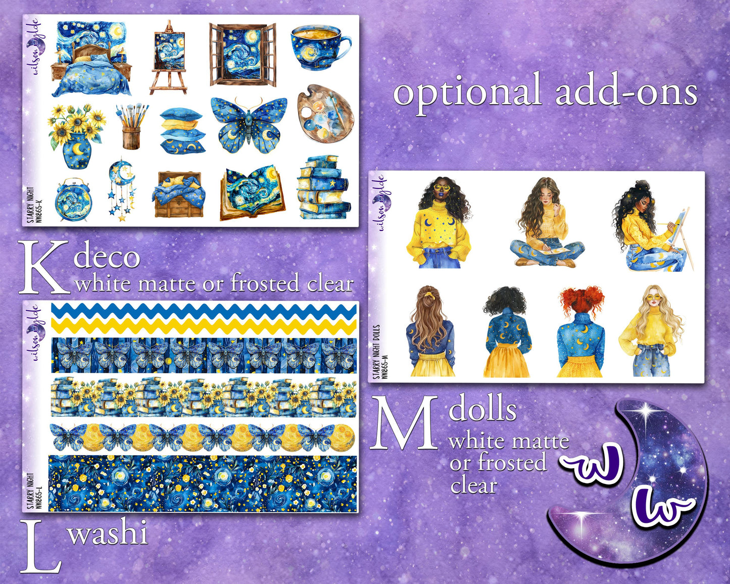 Starry Night weekly sticker kit, HOBONICHI COUSIN format, a la carte and bundle options. Van Gogh, sunflowers, WW868