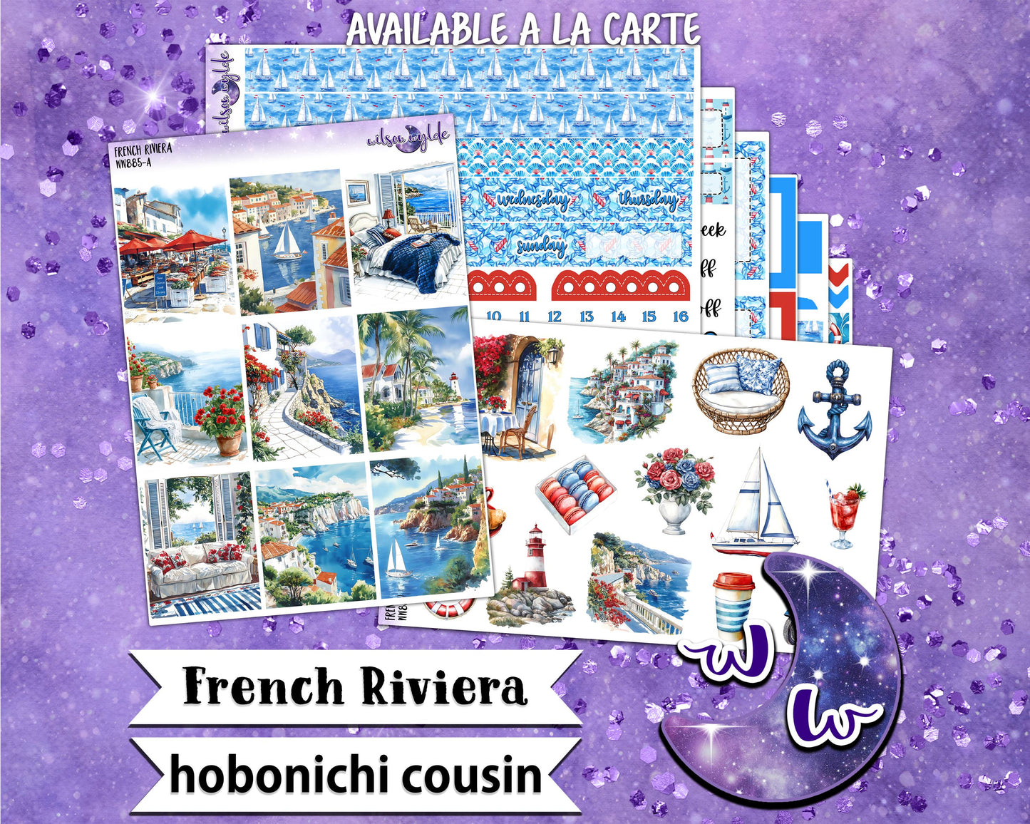 French Riviera weekly sticker kit, HOBONICHI COUSIN format, a la carte and bundle options. WW885