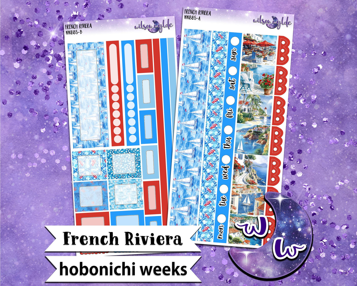 French Riviera weekly sticker kit, HOBONICHI WEEKS format, a la carte and bundle options. WW885