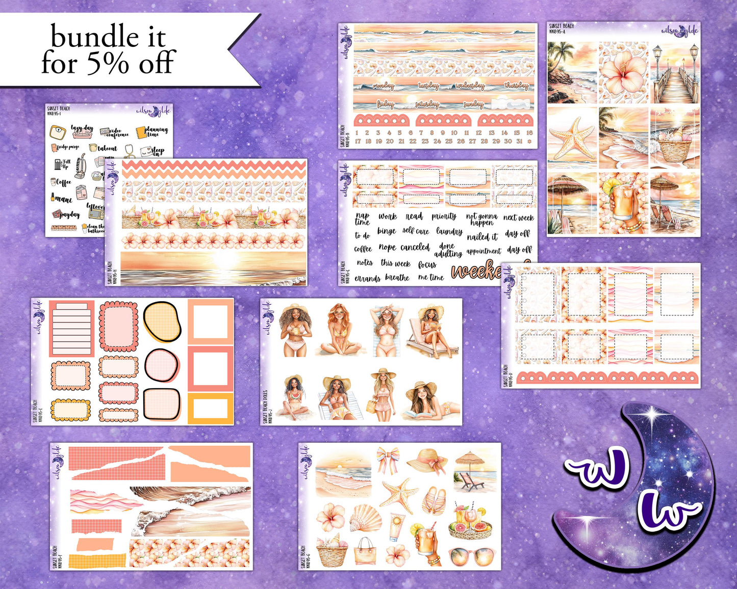 Sunset Beach weekly sticker kit, STANDARD VERTICAL format, a la carte and bundle options. WW895