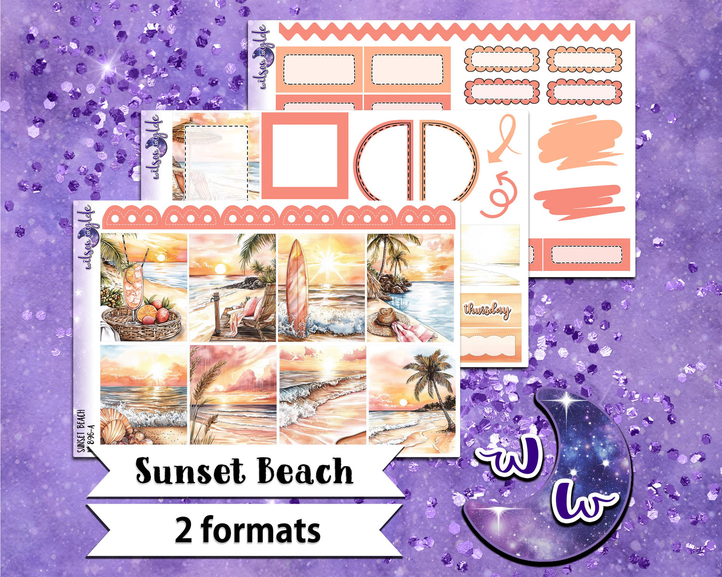 Sunset Beach mini weekly sticker kit, Cousin or Standard Vertical format, a la carte and bundle options. WW896
