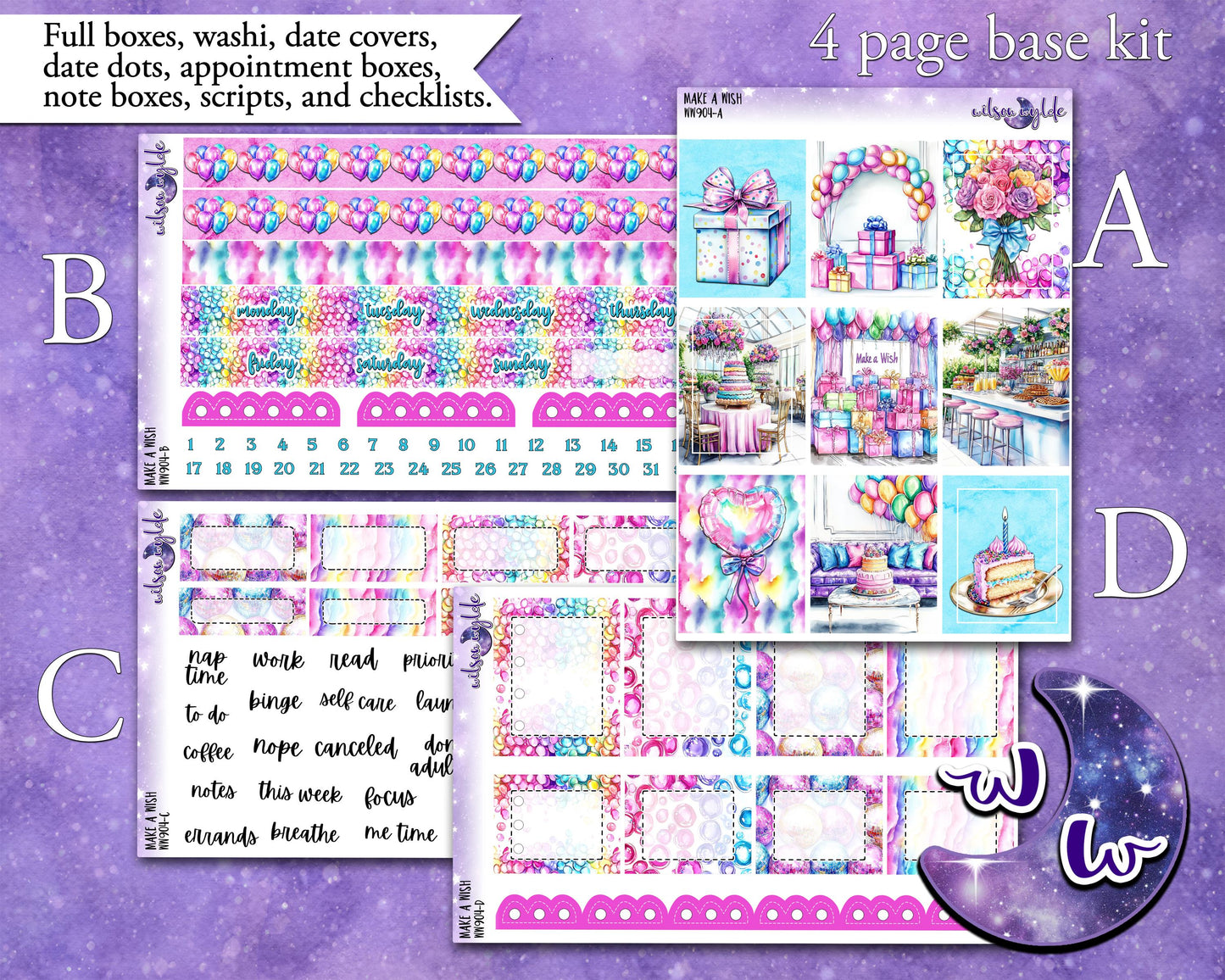 Make a Wish weekly sticker kit, STANDARD VERTICAL format, a la carte and bundle options. happy birthday party WW904