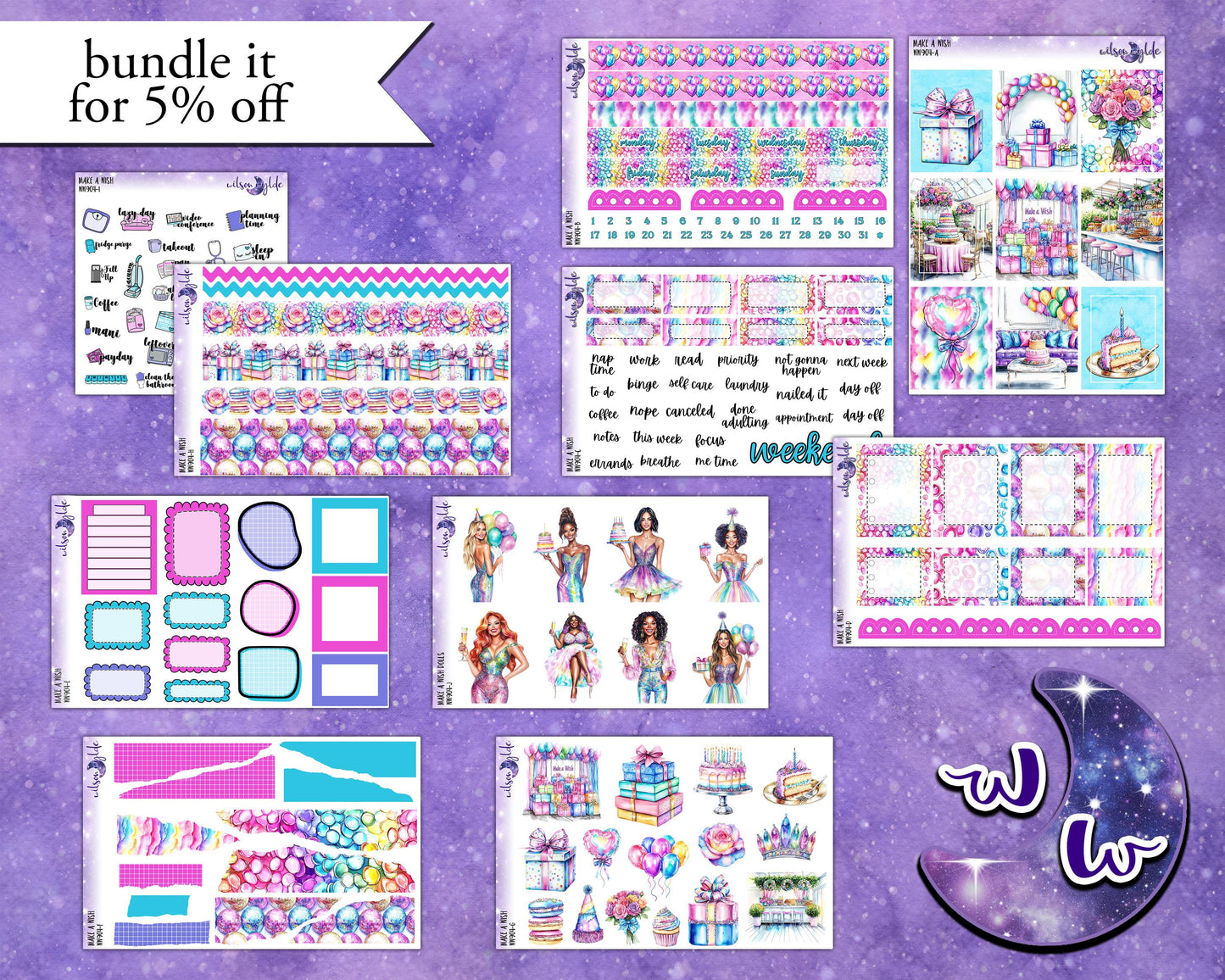 Make a Wish weekly sticker kit, STANDARD VERTICAL format, a la carte and bundle options. happy birthday party WW904