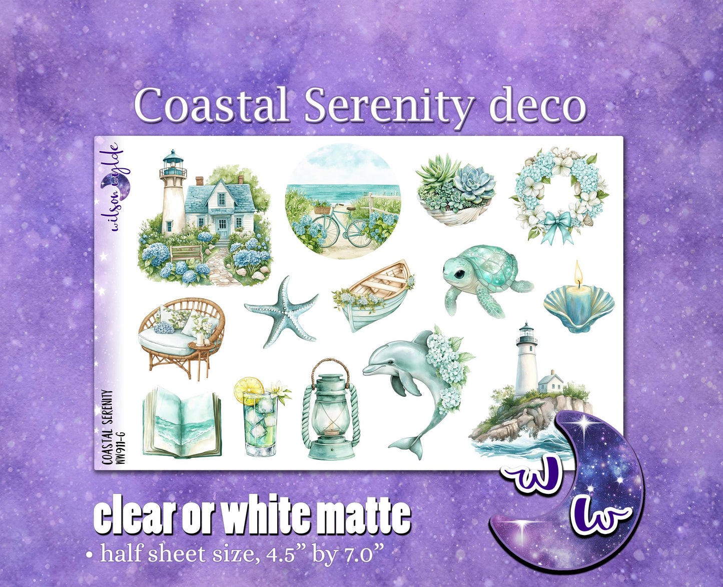 Coastal Serenity deco planner stickers, Matte or frosted clear. WW911