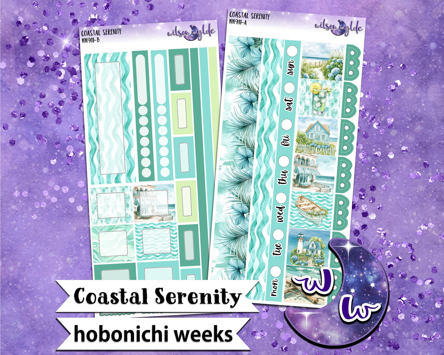 Coastal Serenity weekly sticker kit, HOBONICHI WEEKS format, a la carte and bundle options. WW911