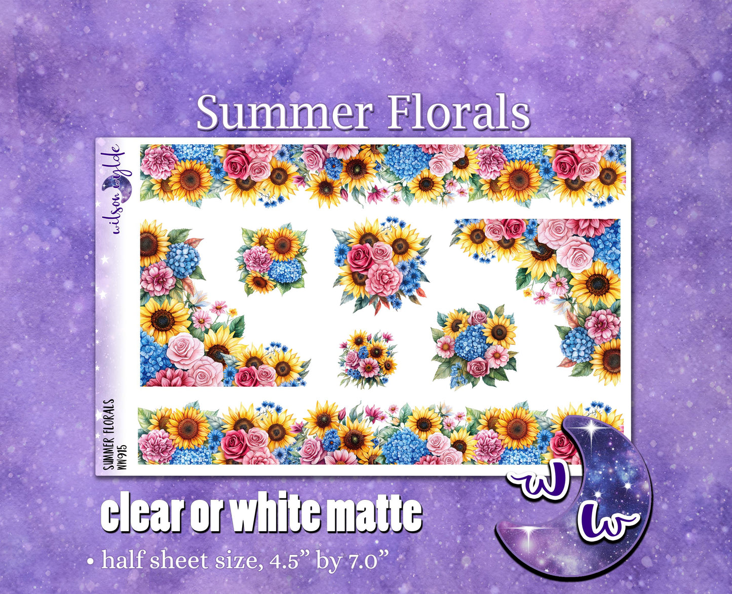 Summer Florals deco planner stickers, Matte or frosted clear. WW915