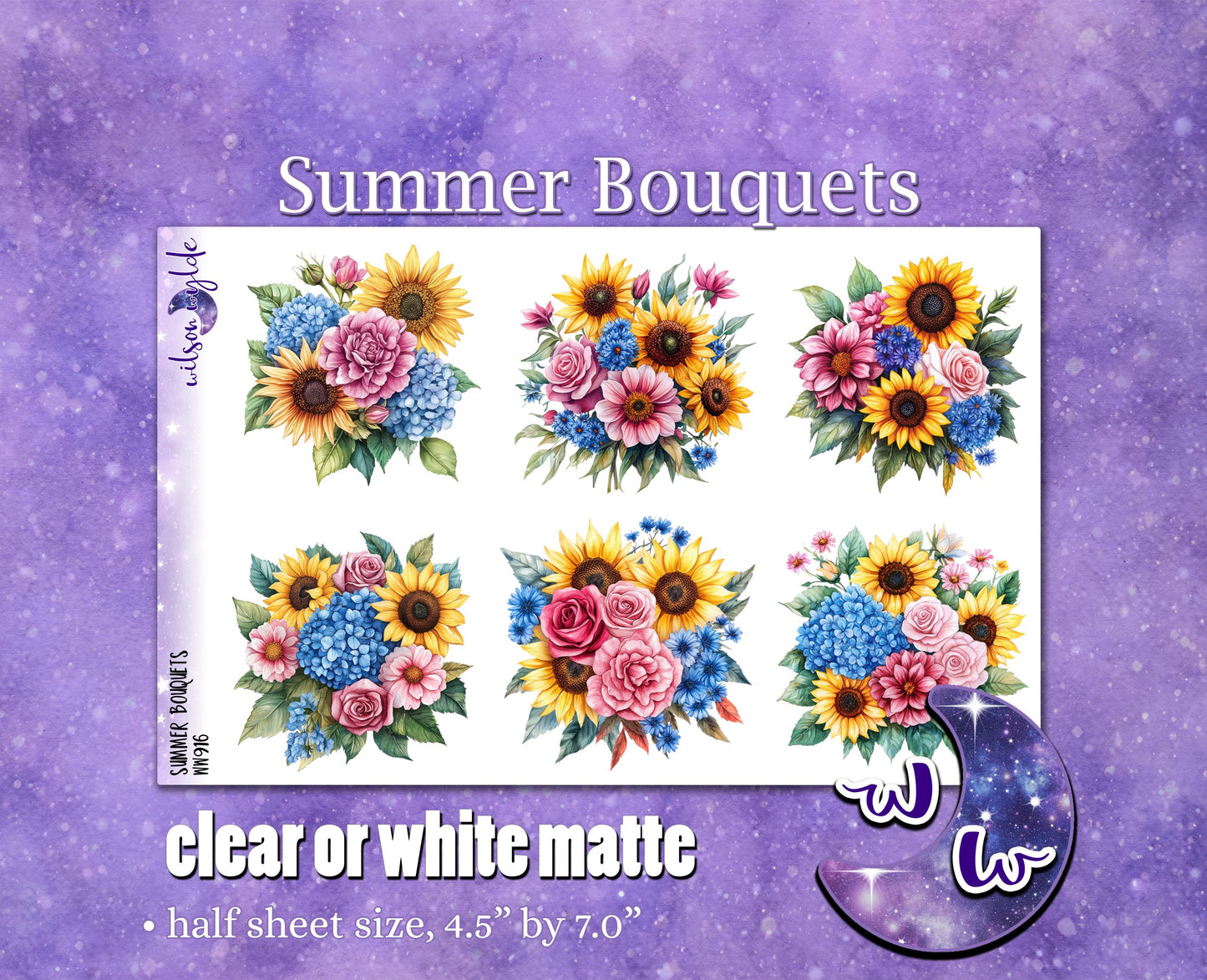 Summer Bouquets deco planner stickers, Matte or frosted clear. WW916