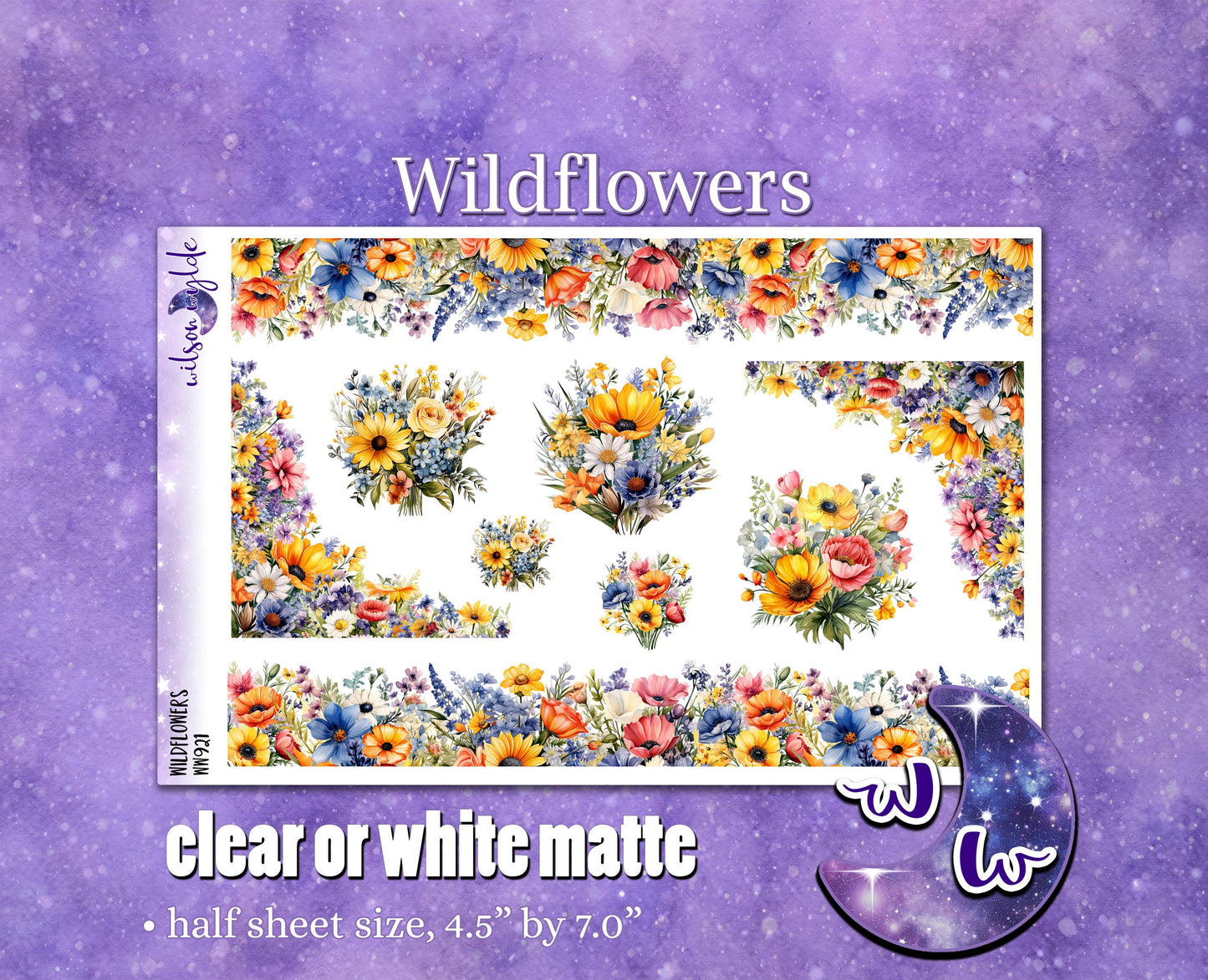 Wildflowers deco planner stickers, Matte or frosted clear. WW921