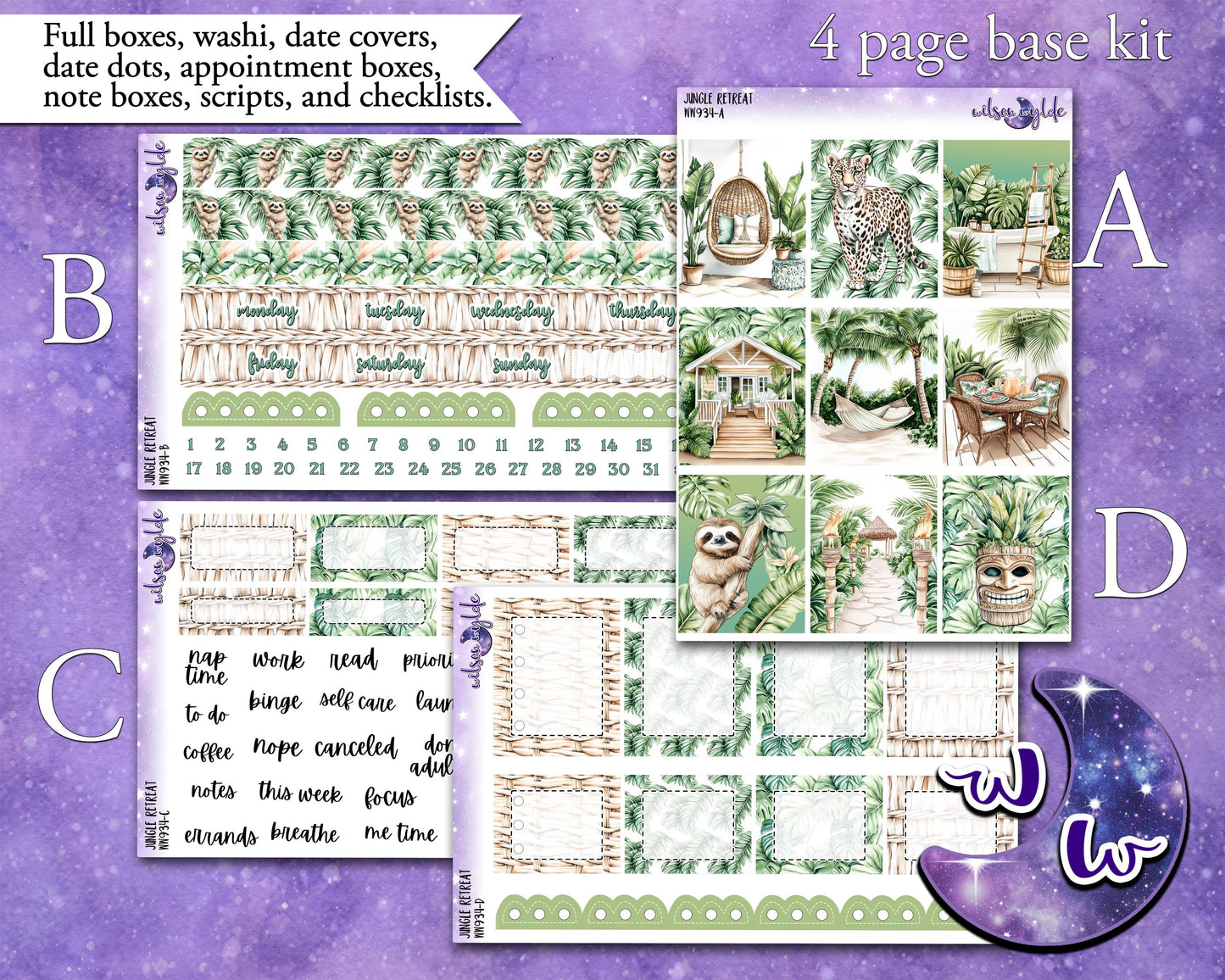 Jungle Retreat weekly sticker kit, STANDARD VERTICAL format, a la carte and bundle options. WW934