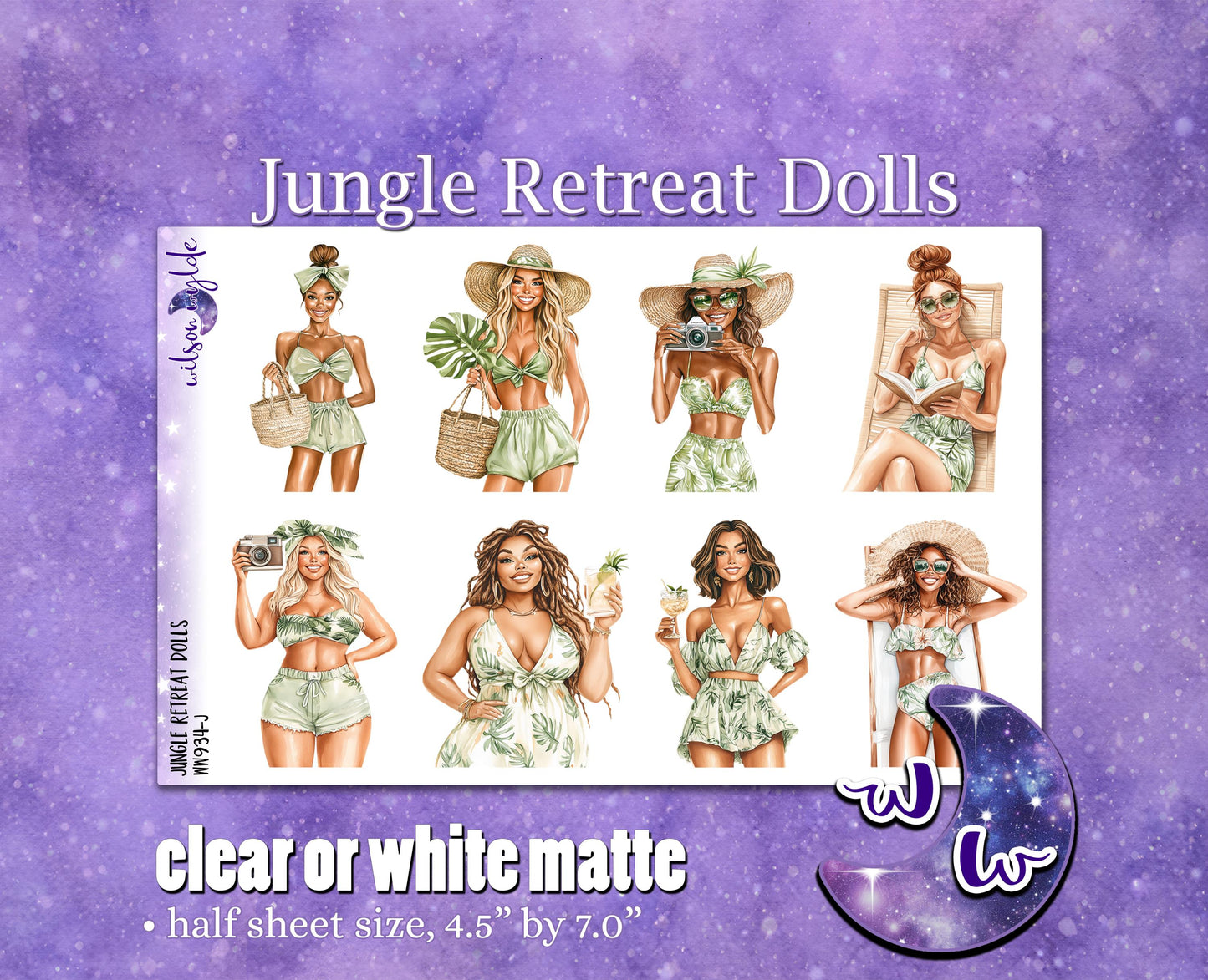 Jungle Retreat dolls deco planner stickers, Matte or frosted clear. WW934