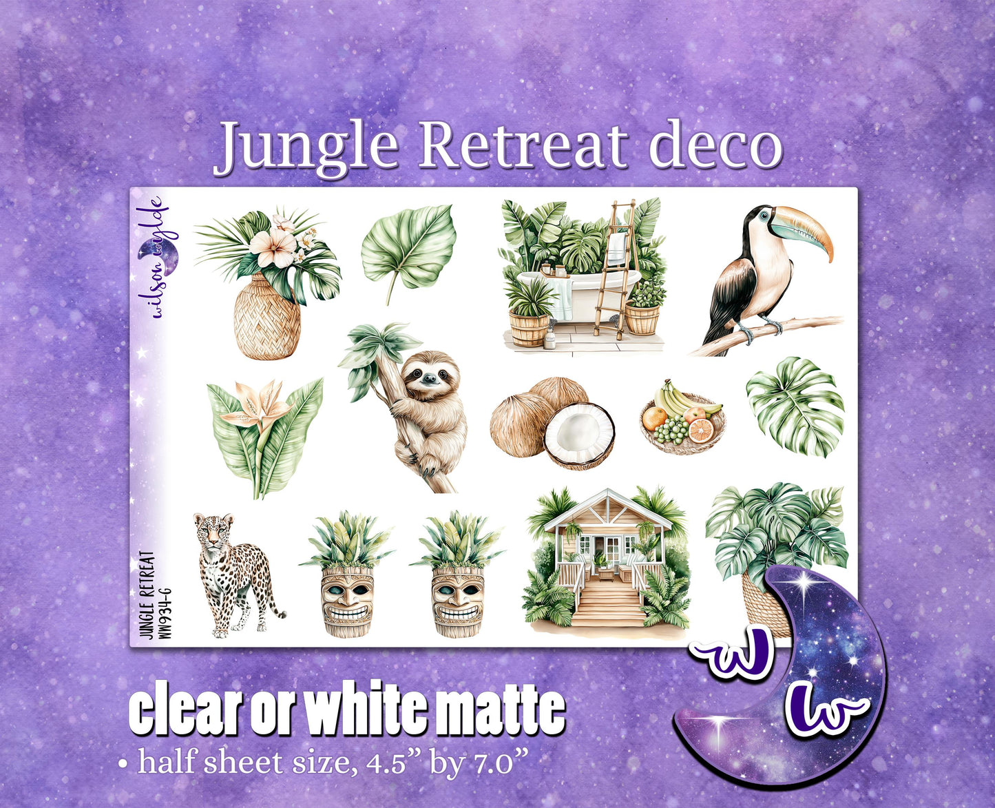 Jungle Retreat deco planner stickers, Matte or frosted clear. WW934
