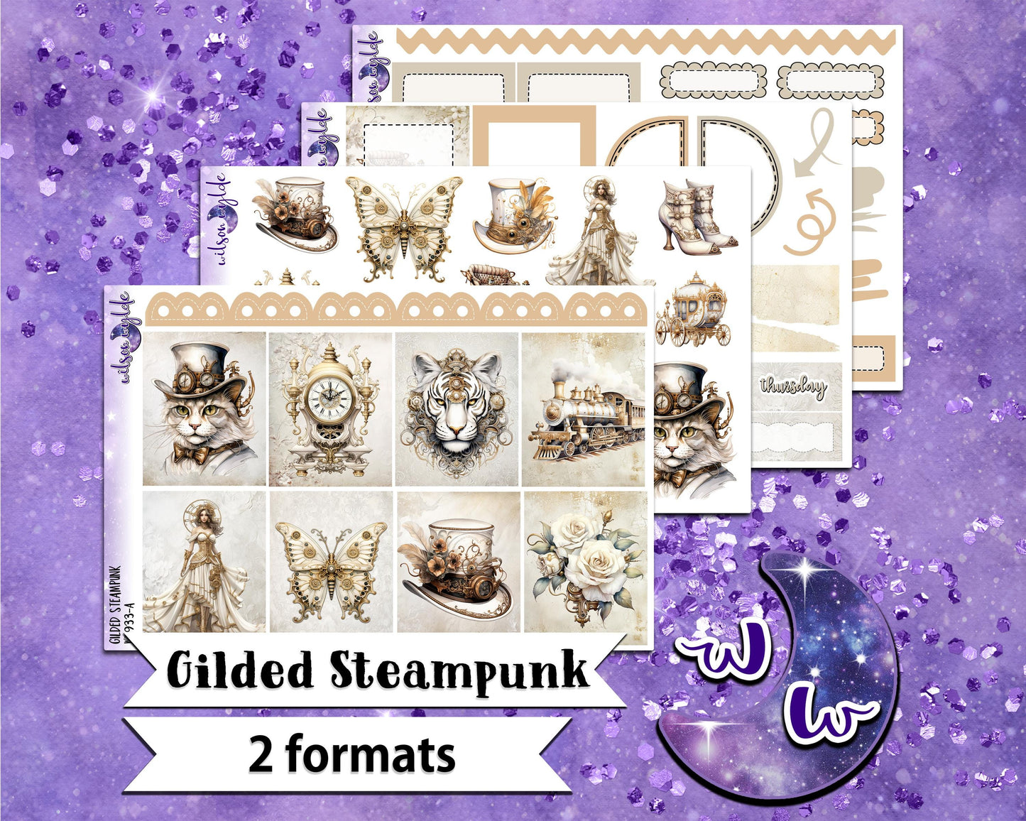 Gilded Steampunk mini weekly sticker kit, Cousin or Standard Vertical format, a la carte and bundle options. WW933