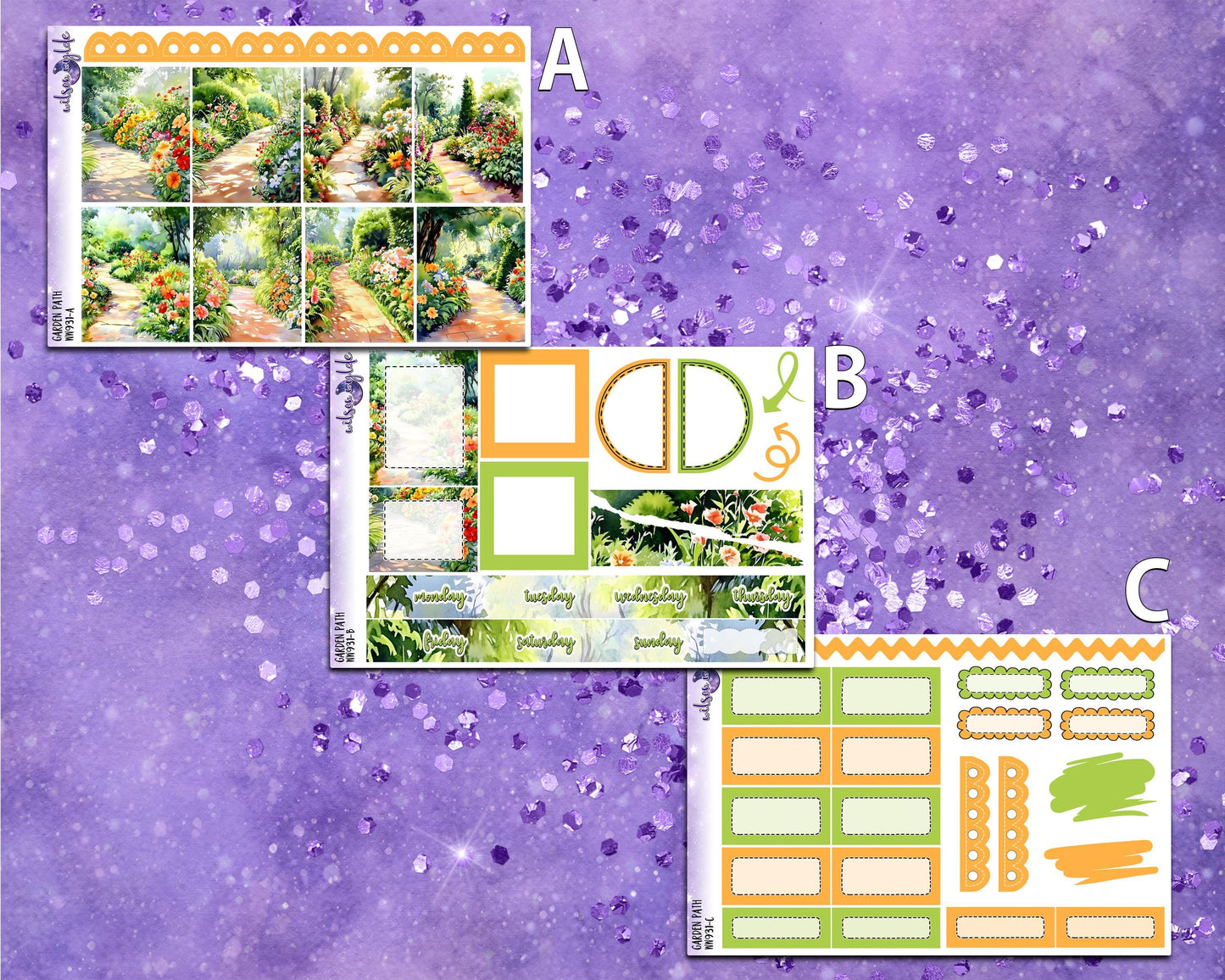 Garden Path mini weekly sticker kit, Cousin or Standard Vertical format, a la carte and bundle options. WW931