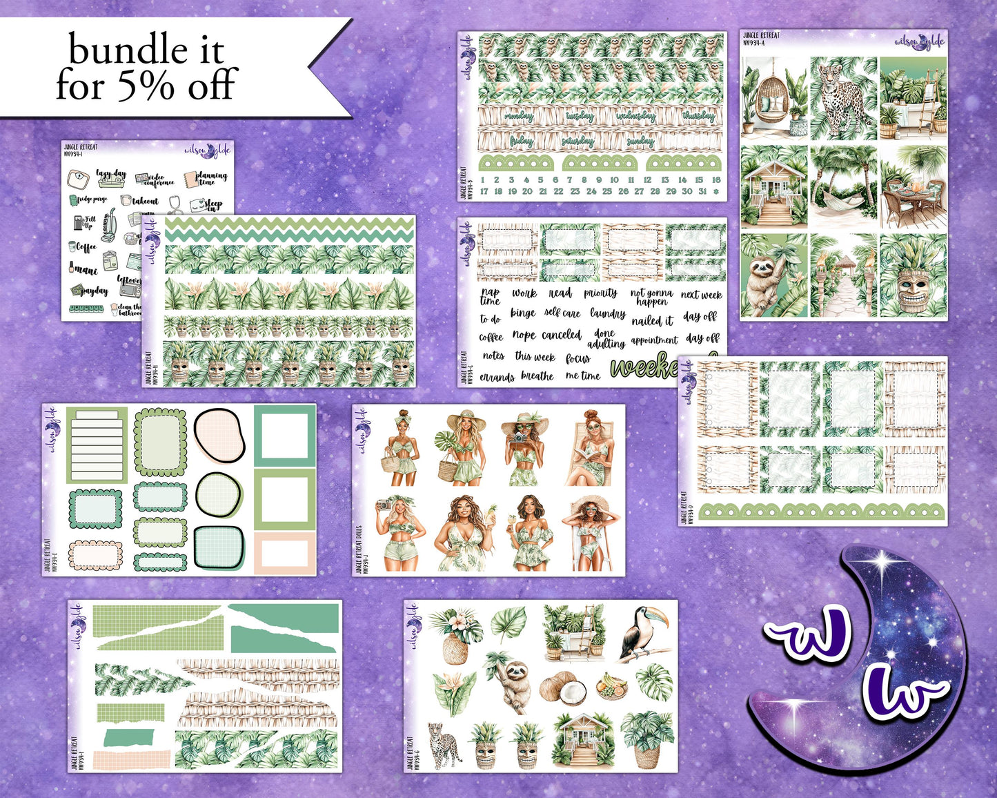 Jungle Retreat weekly sticker kit, STANDARD VERTICAL format, a la carte and bundle options. WW934