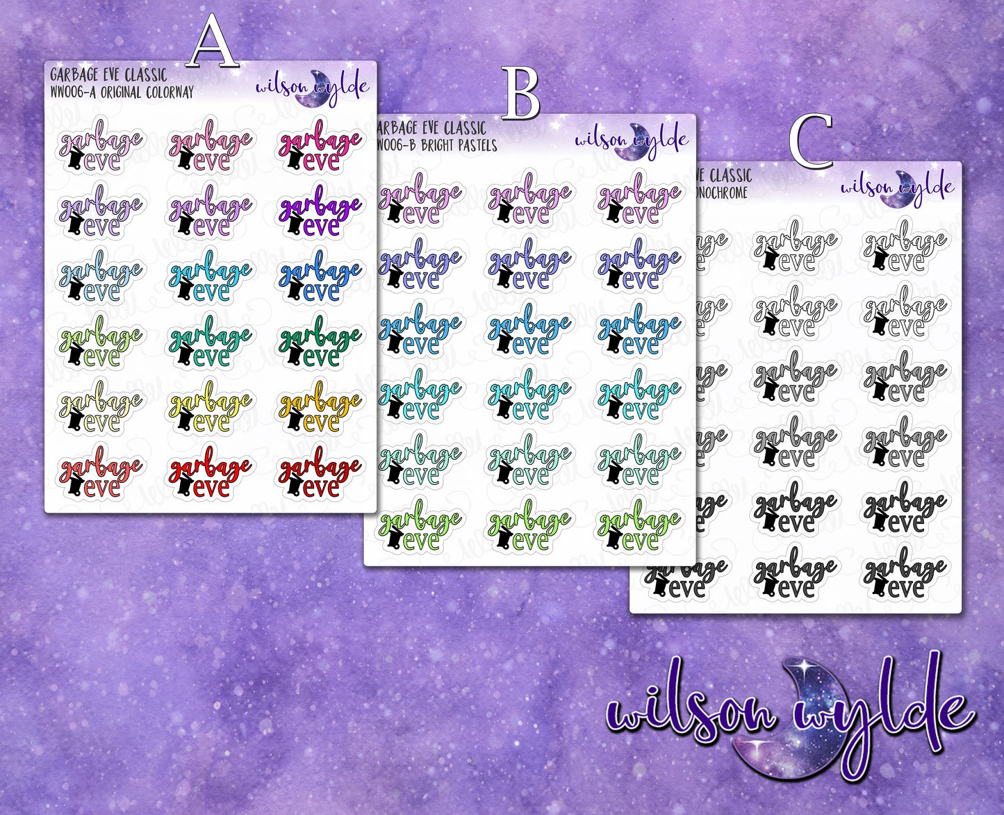 Garbage Eve Classic planner stickers, for Happy Planner, Hobonichi, Print Pression WW006