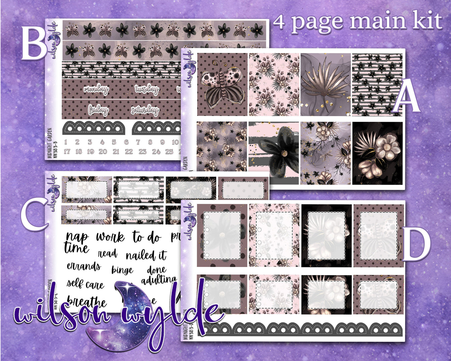 Midnight Garden full weekly sticker kit, STANDARD VERTICAL format, a la carte and bundle options. WW383