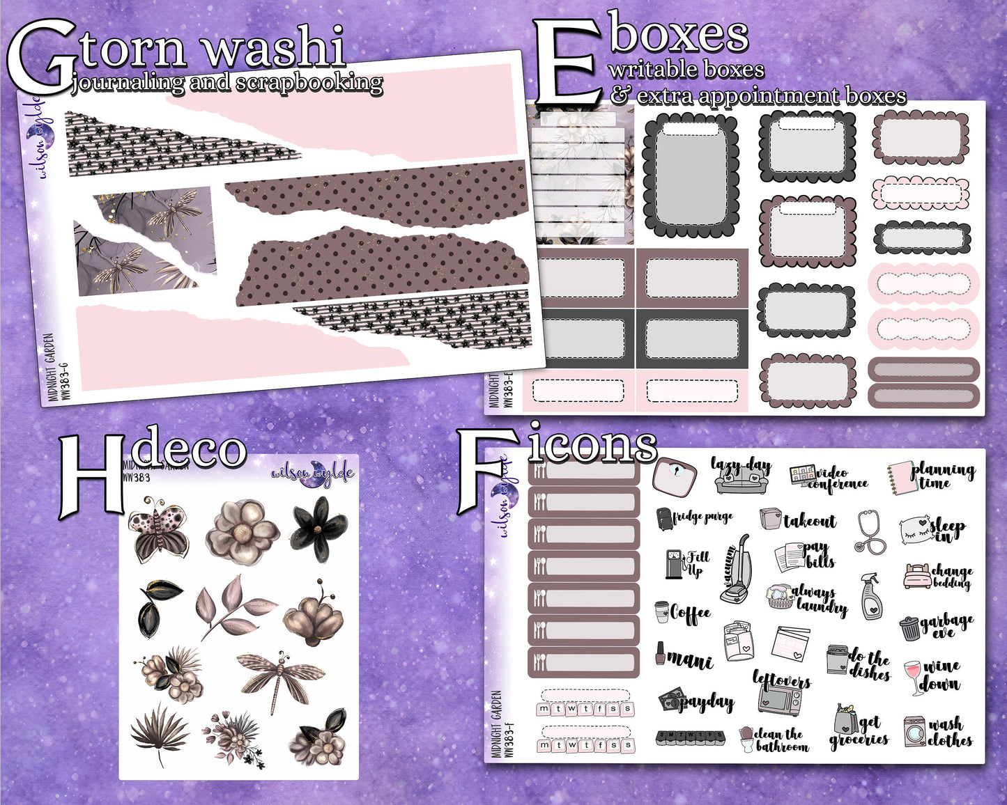 Midnight Garden full weekly sticker kit, STANDARD VERTICAL format, a la carte and bundle options. WW383