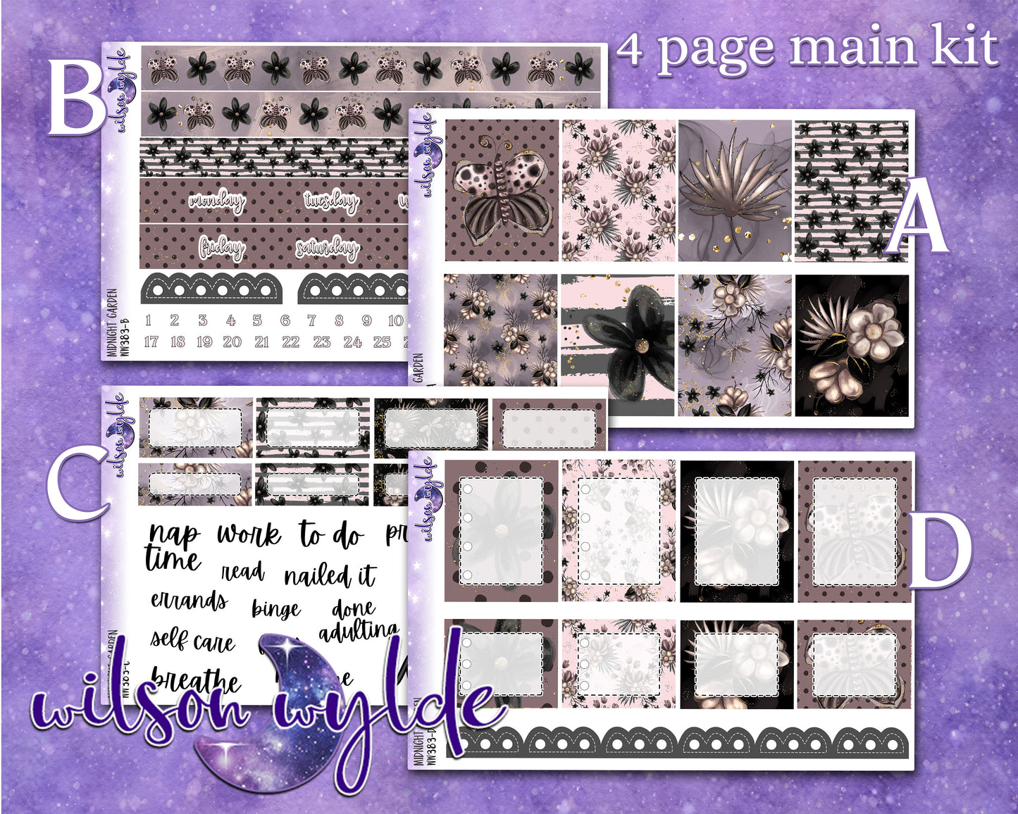 Midnight Garden full weekly sticker kit, HOBONICHI COUSIN format, a la carte and bundle options. WW383