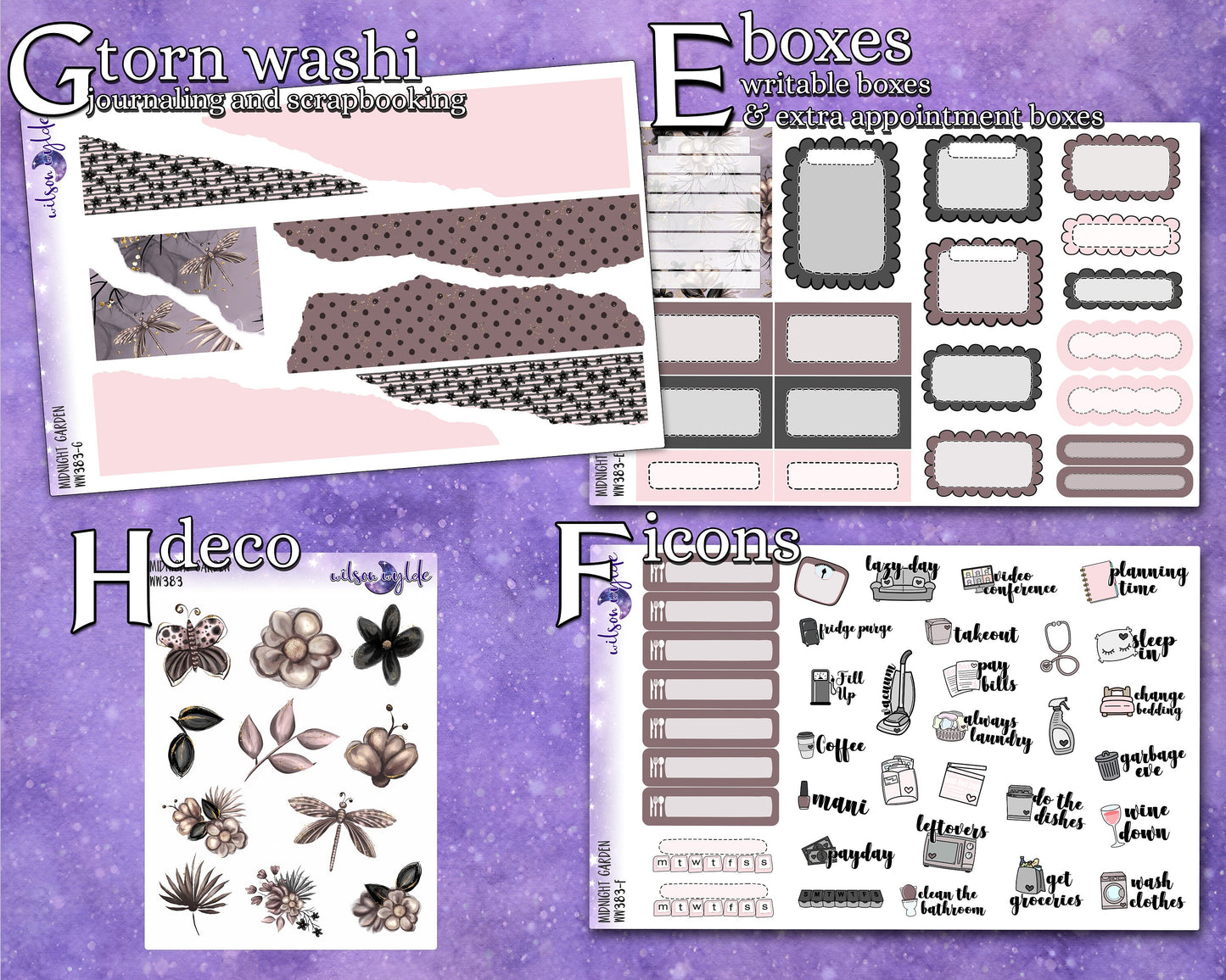 Midnight Garden full weekly sticker kit, HOBONICHI COUSIN format, a la carte and bundle options. WW383