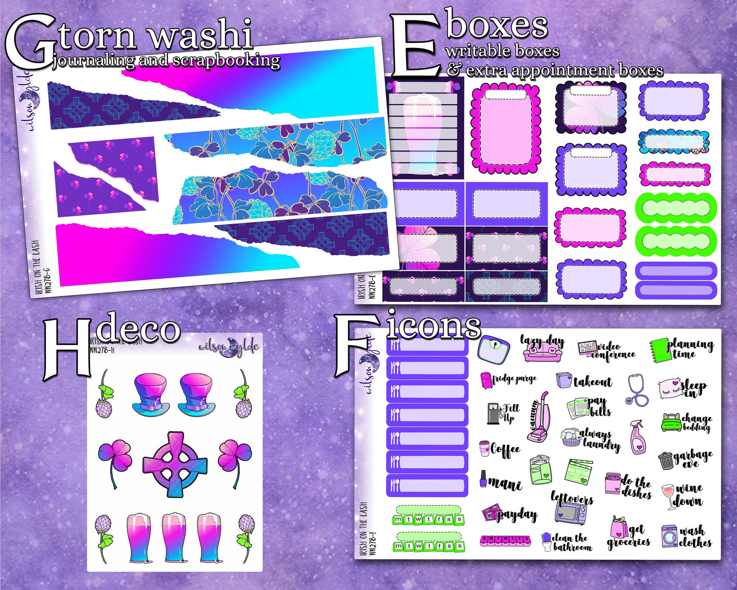 Irish on the Lash full weekly sticker kit, STANDARD VERTICAL format, a la carte and bundle options. WW278