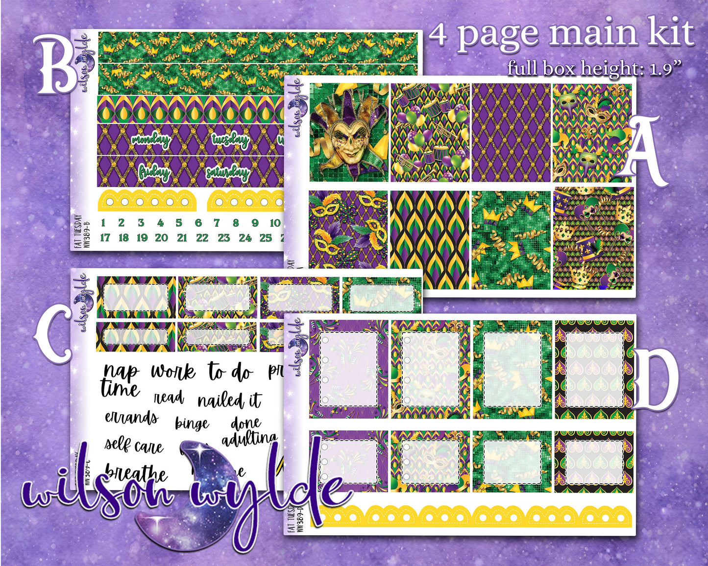 Fat Tuesday full weekly sticker kit, Mardi Gras, STANDARD VERTICAL format, a la carte and bundle options. WW389