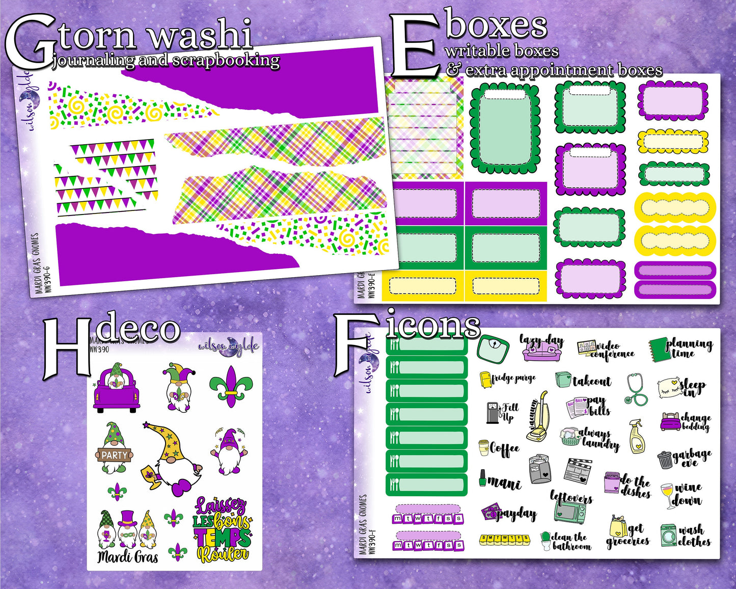 Mardi Gras Gnomes full weekly sticker kit, STANDARD VERTICAL format, a la carte and bundle options. WW390