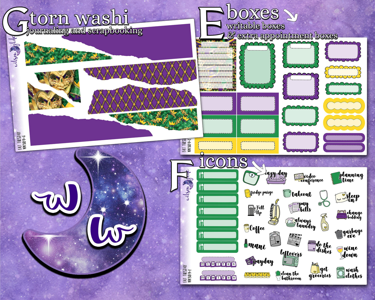 Fat Tuesday full weekly sticker kit, Mardi Gras, STANDARD VERTICAL format, a la carte and bundle options. WW389