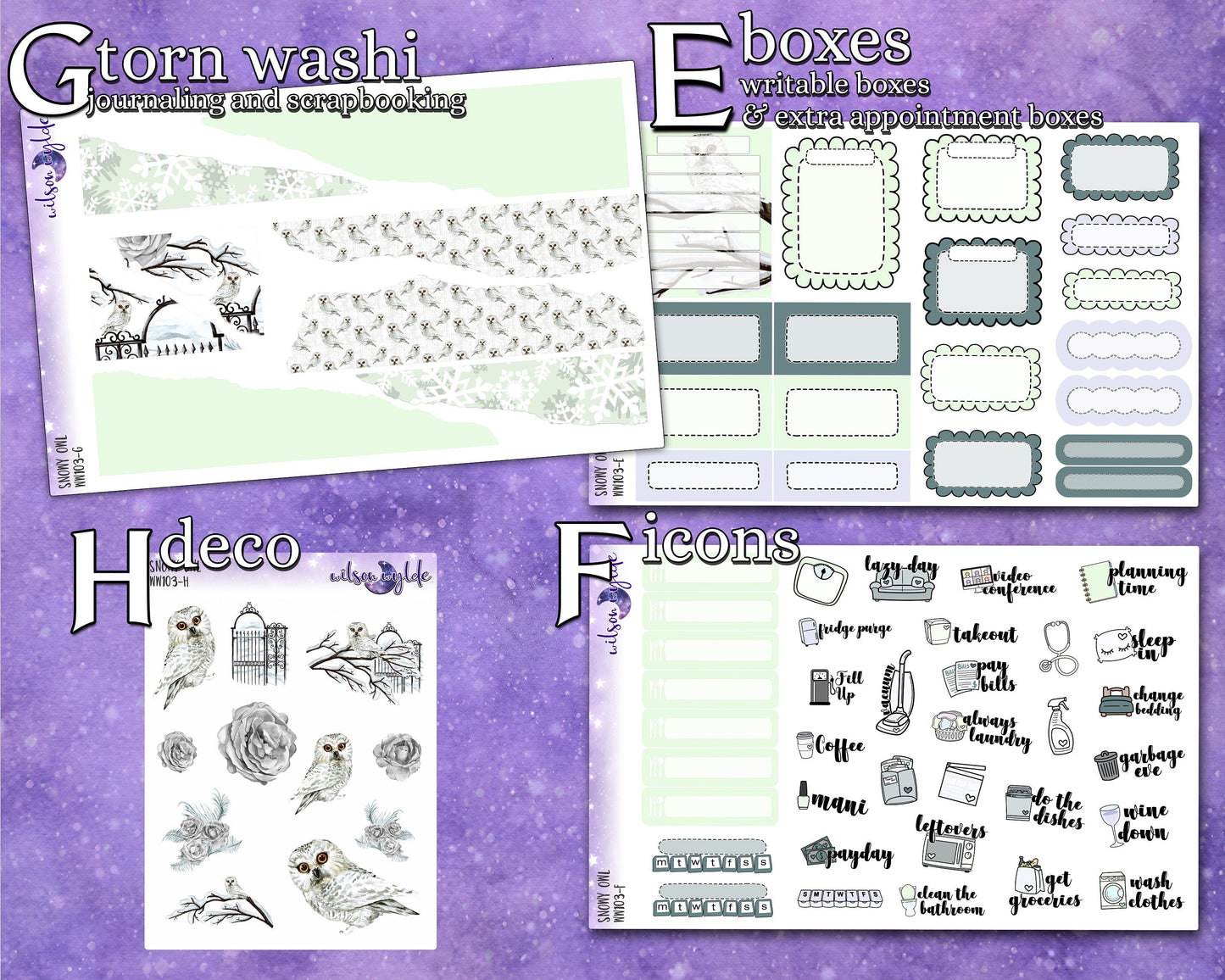 Snowy Owl full weekly sticker kit, HOBONICHI COUSIN format, a la carte and bundle options. WW103