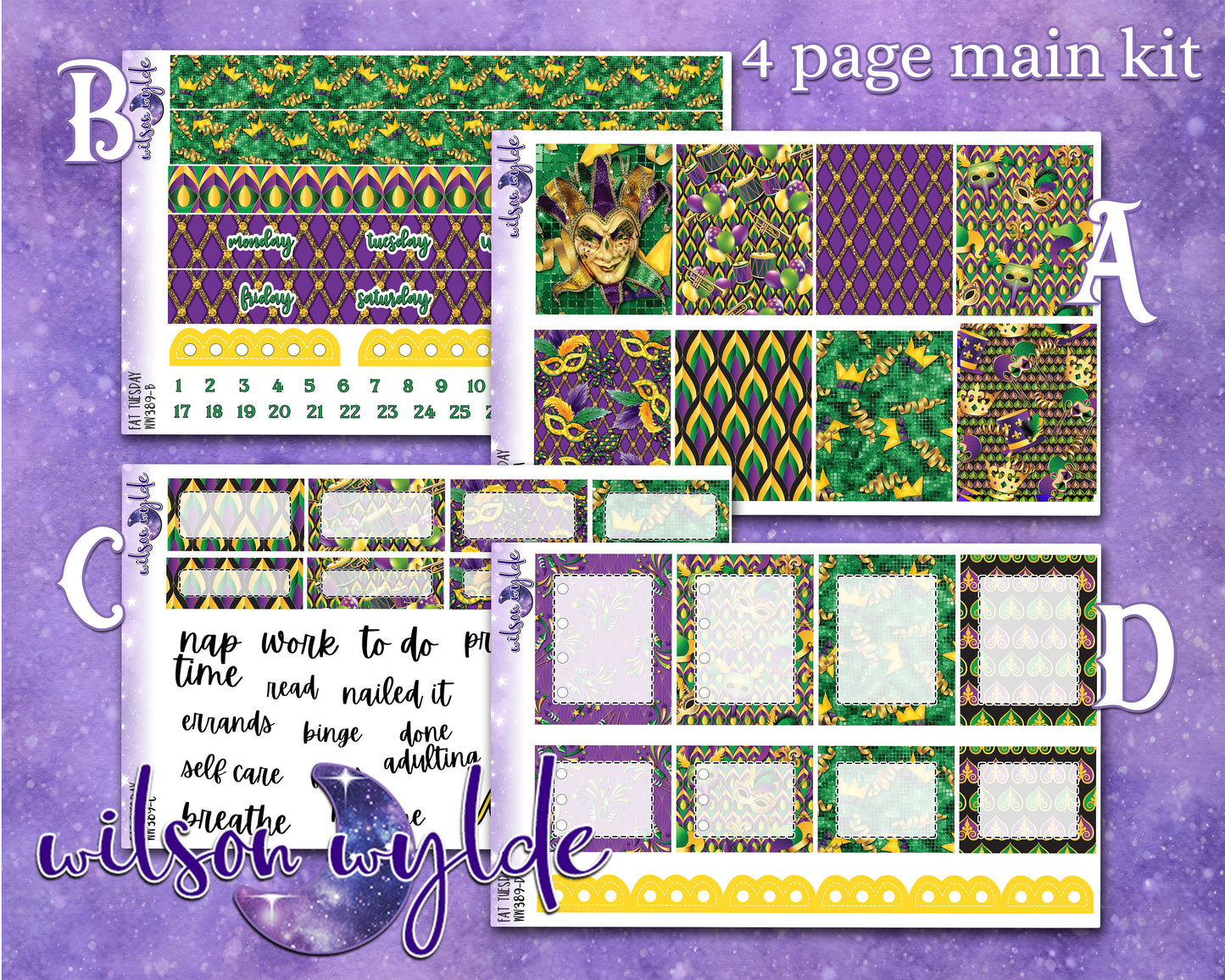 Fat Tuesday full weekly sticker kit, Mardi Gras, HOBONICHI COUSIN format, a la carte and bundle options. WW389