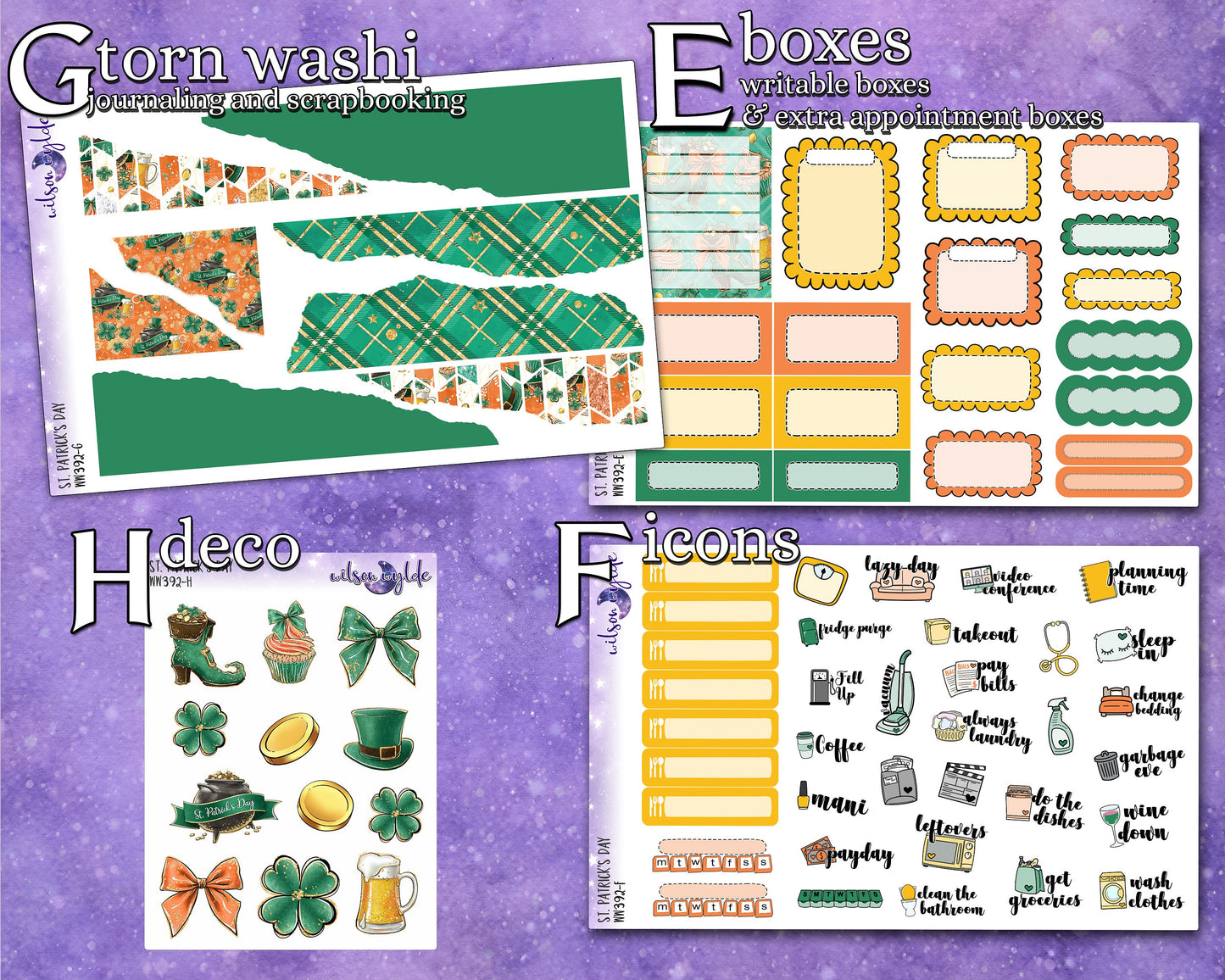 St. Patrick's Day full weekly sticker kit, HOBONICHI COUSIN format, a la carte and bundle options. WW392