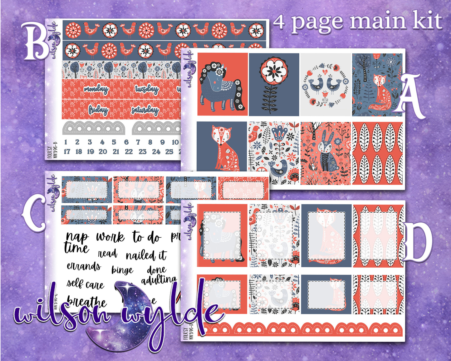 Folksy full weekly sticker kit, HOBONICHI COUSIN format, a la carte and bundle options. WW396