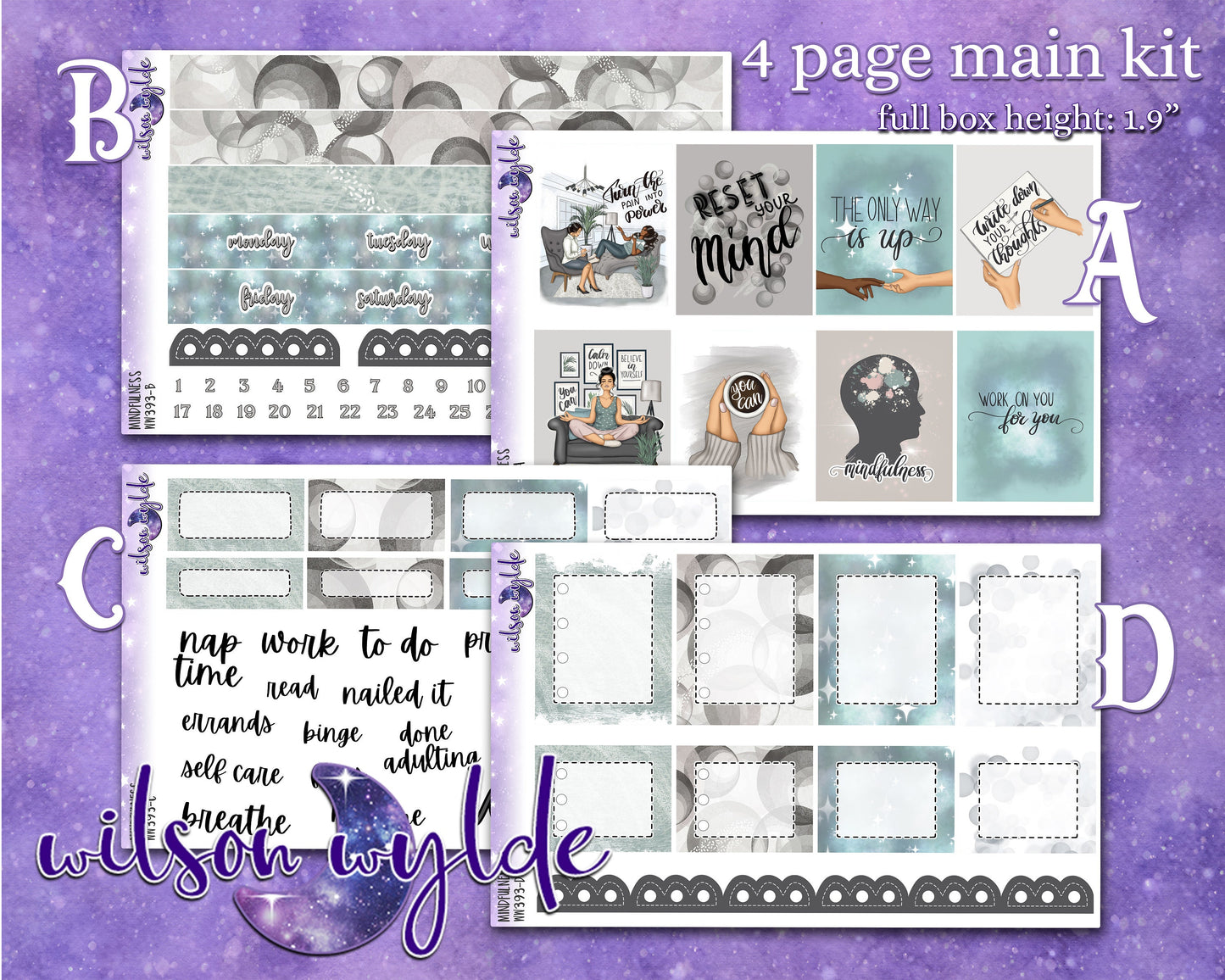 Mindfulness full weekly sticker kit, STANDARD VERTICAL format, a la carte and bundle options. WW393