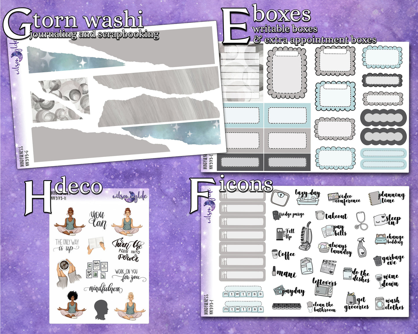 Mindfulness full weekly sticker kit, HOBONICHI COUSIN format, a la carte and bundle options. WW393