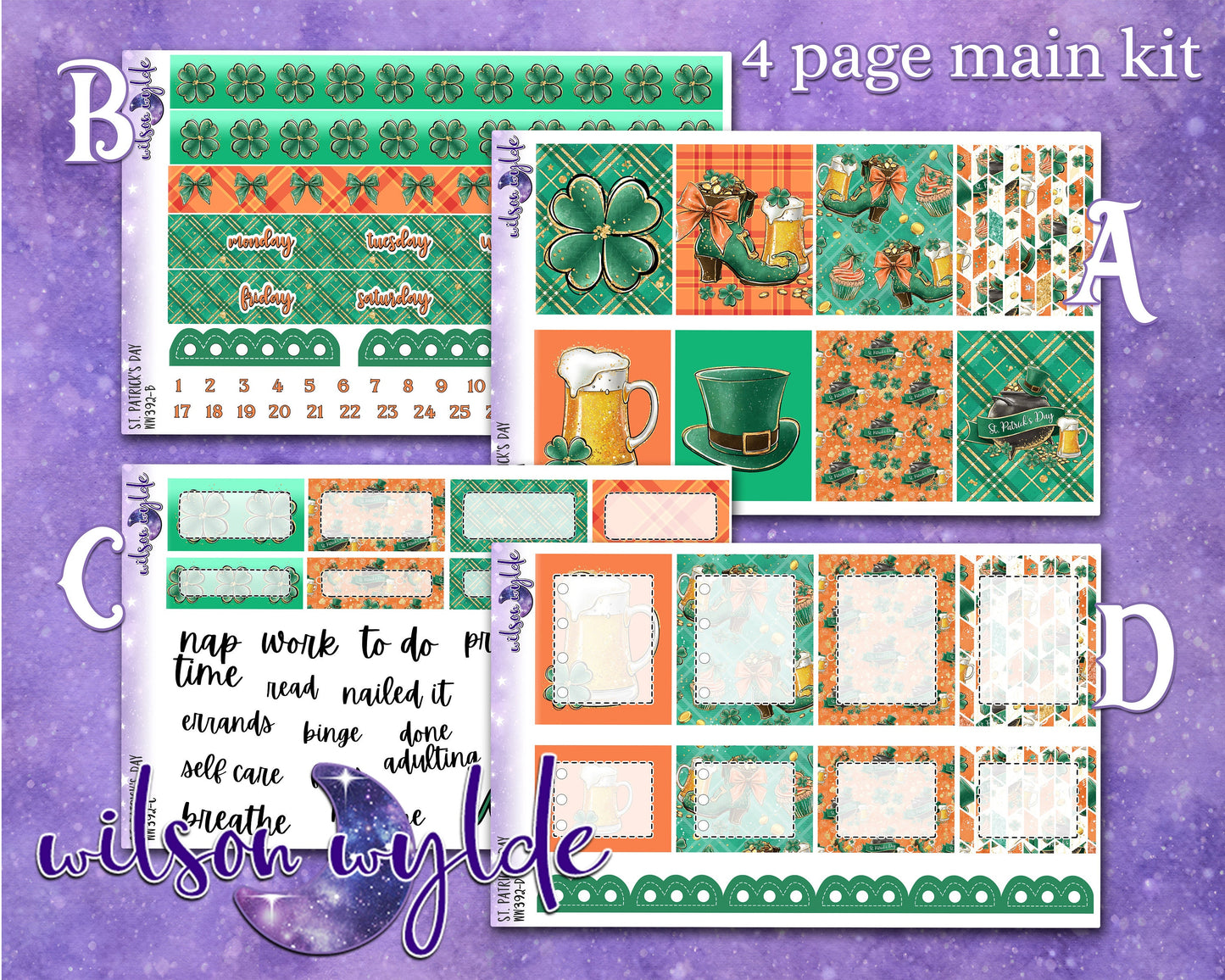 St. Patrick's Day full weekly sticker kit, HOBONICHI COUSIN format, a la carte and bundle options. WW392
