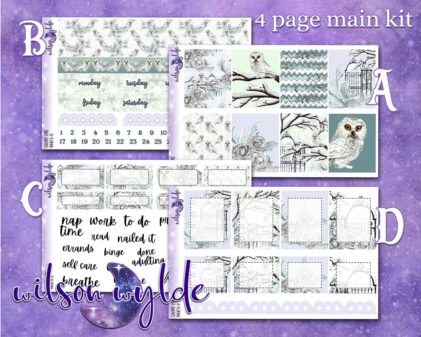 Snowy Owl full weekly sticker kit, HOBONICHI COUSIN format, a la carte and bundle options. WW103