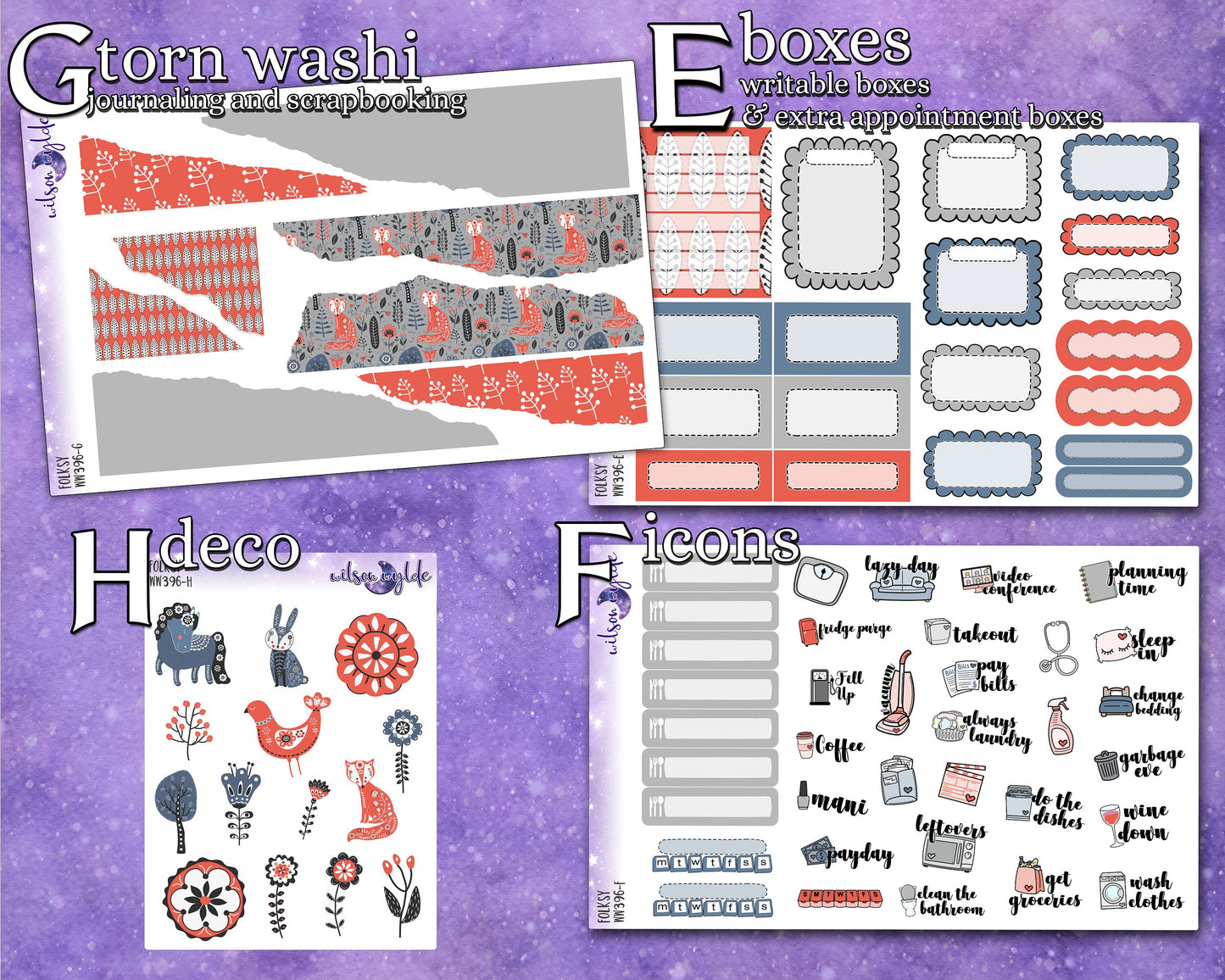 Folksy full weekly sticker kit, HOBONICHI COUSIN format, a la carte and bundle options. WW396