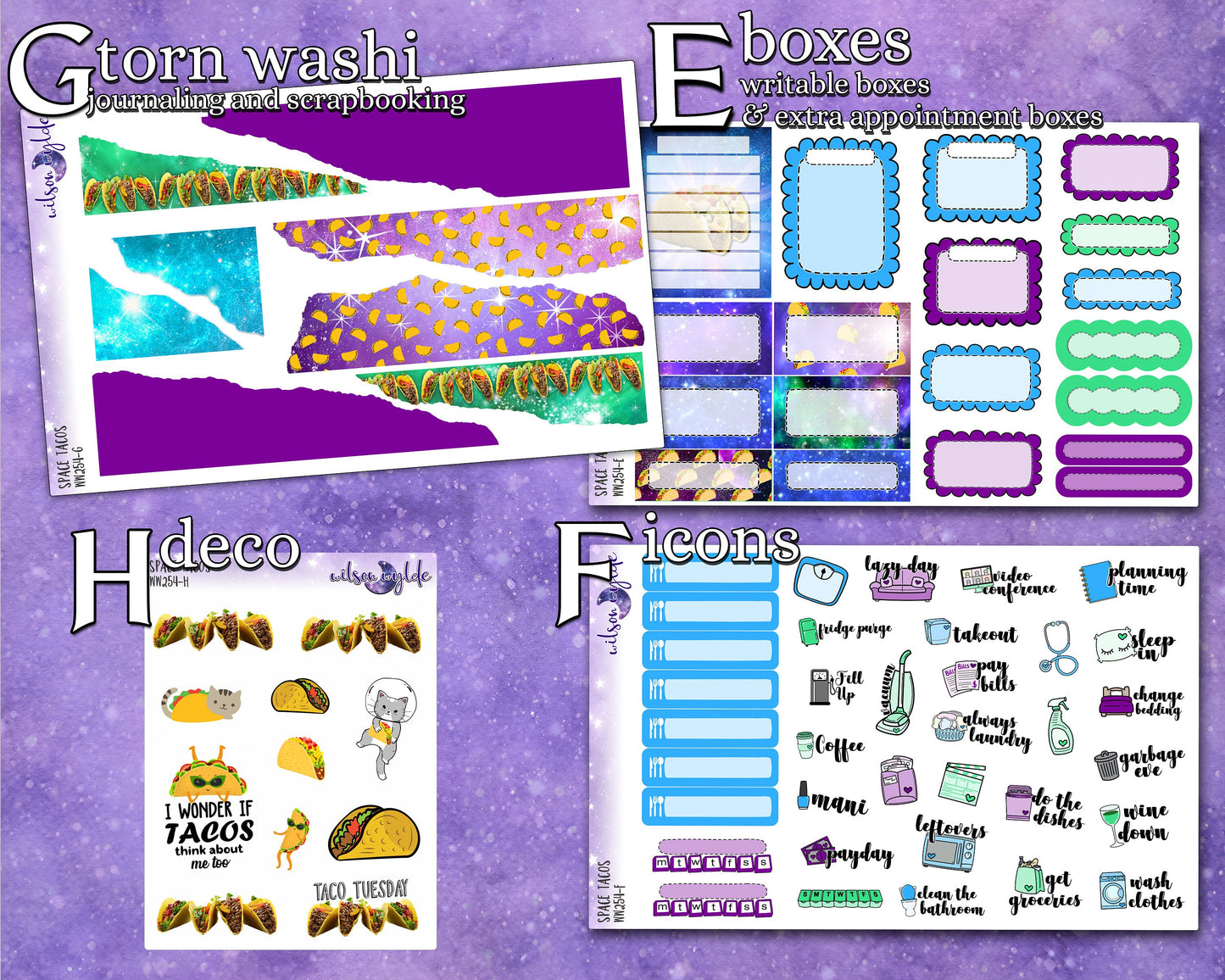 Space Tacos full weekly sticker kit, STANDARD VERTICAL format, a la carte and bundle options. WW254
