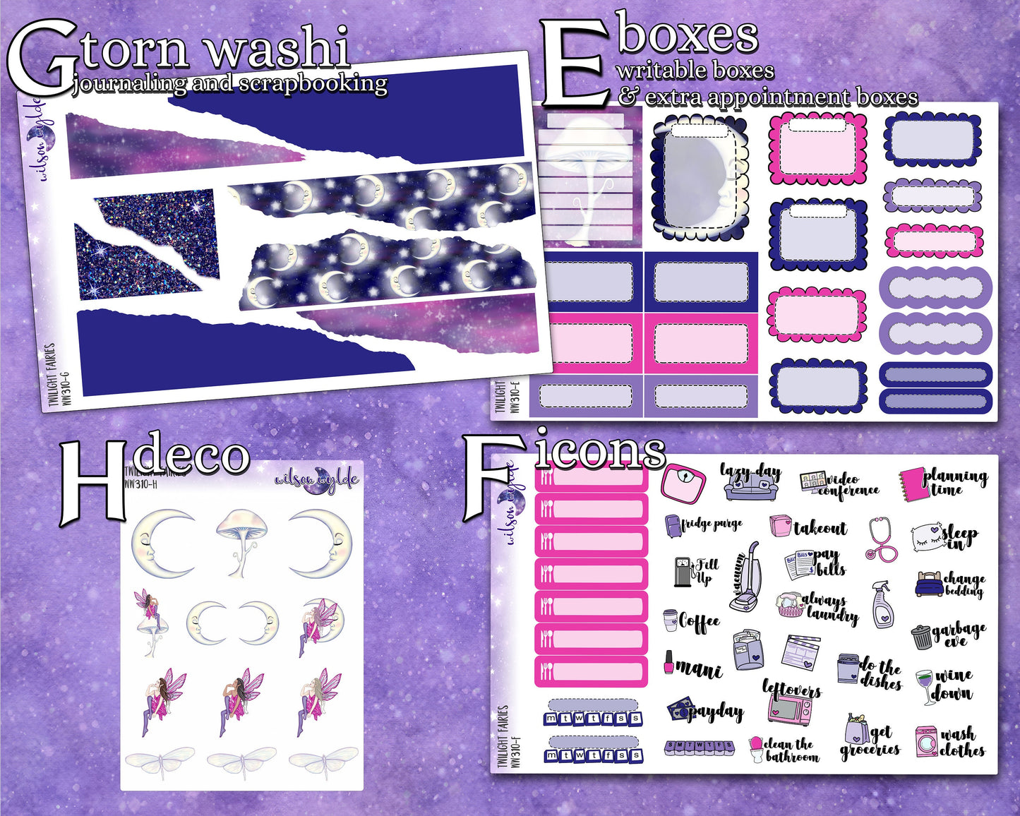 Twilight Fairies full weekly sticker kit, STANDARD VERTICAL format, a la carte and bundle options. WW310