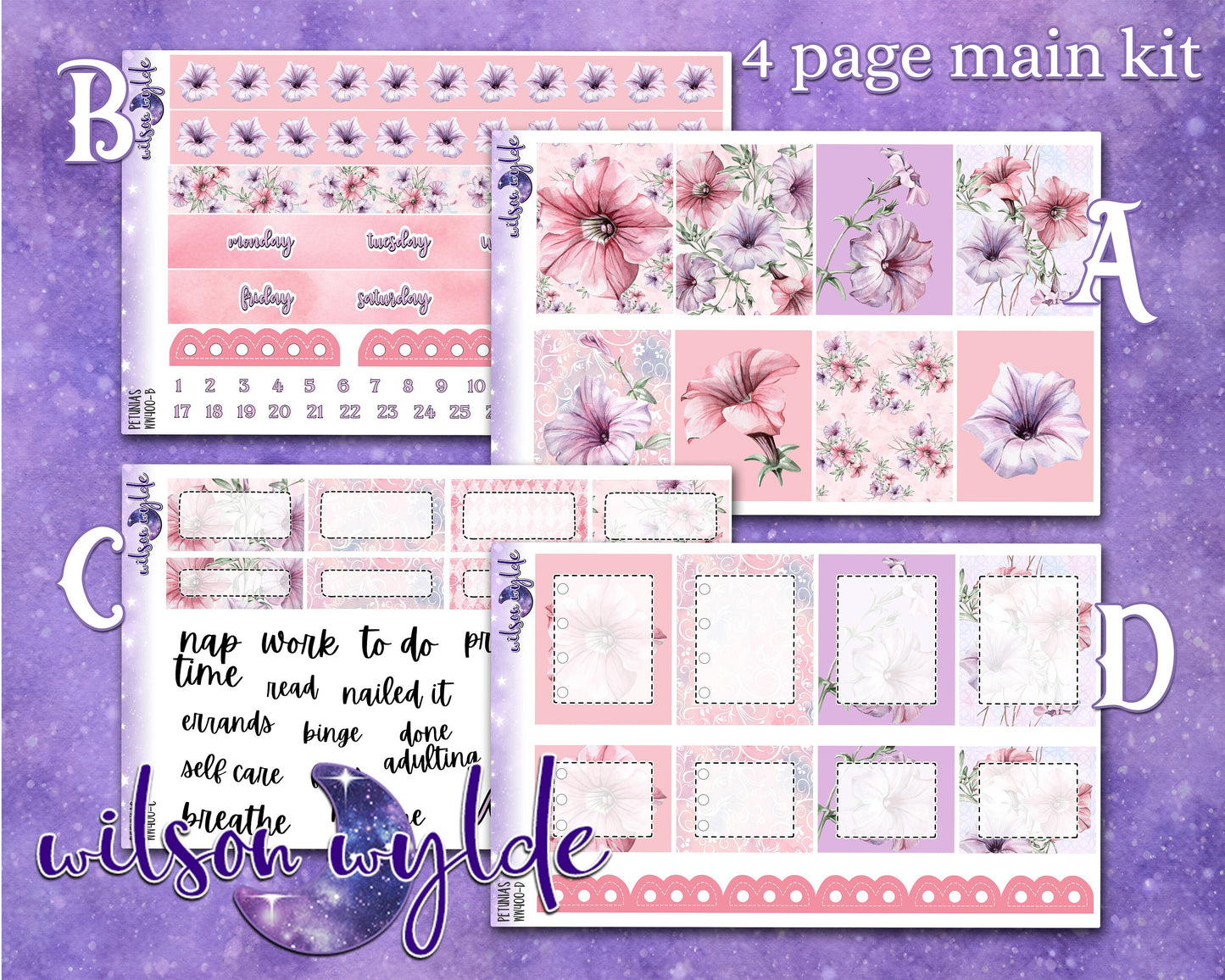 Petunias full weekly sticker kit, standard vertical format, a la carte and bundle options. WW400