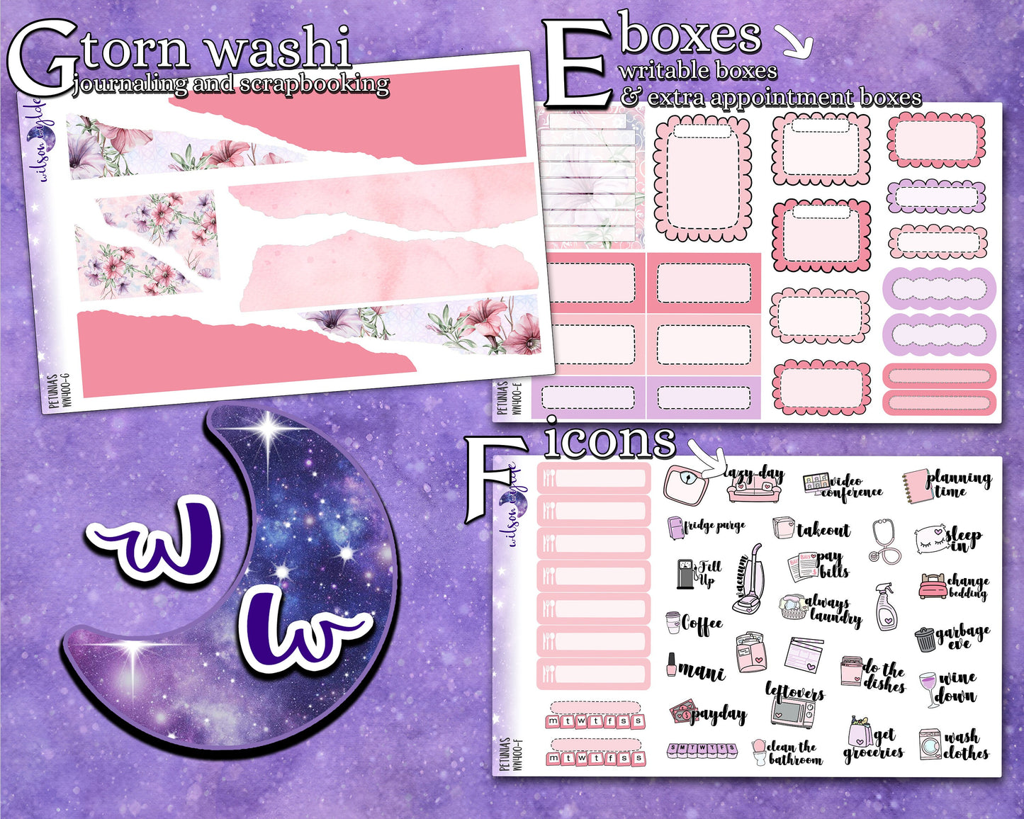 Petunias full weekly sticker kit, standard vertical format, a la carte and bundle options. WW400