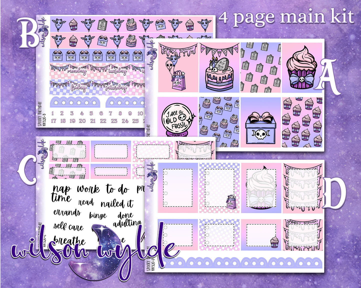 Spooky Birthday full weekly sticker kit, HOBONICHI COUSIN format, a la carte and bundle options. WW320