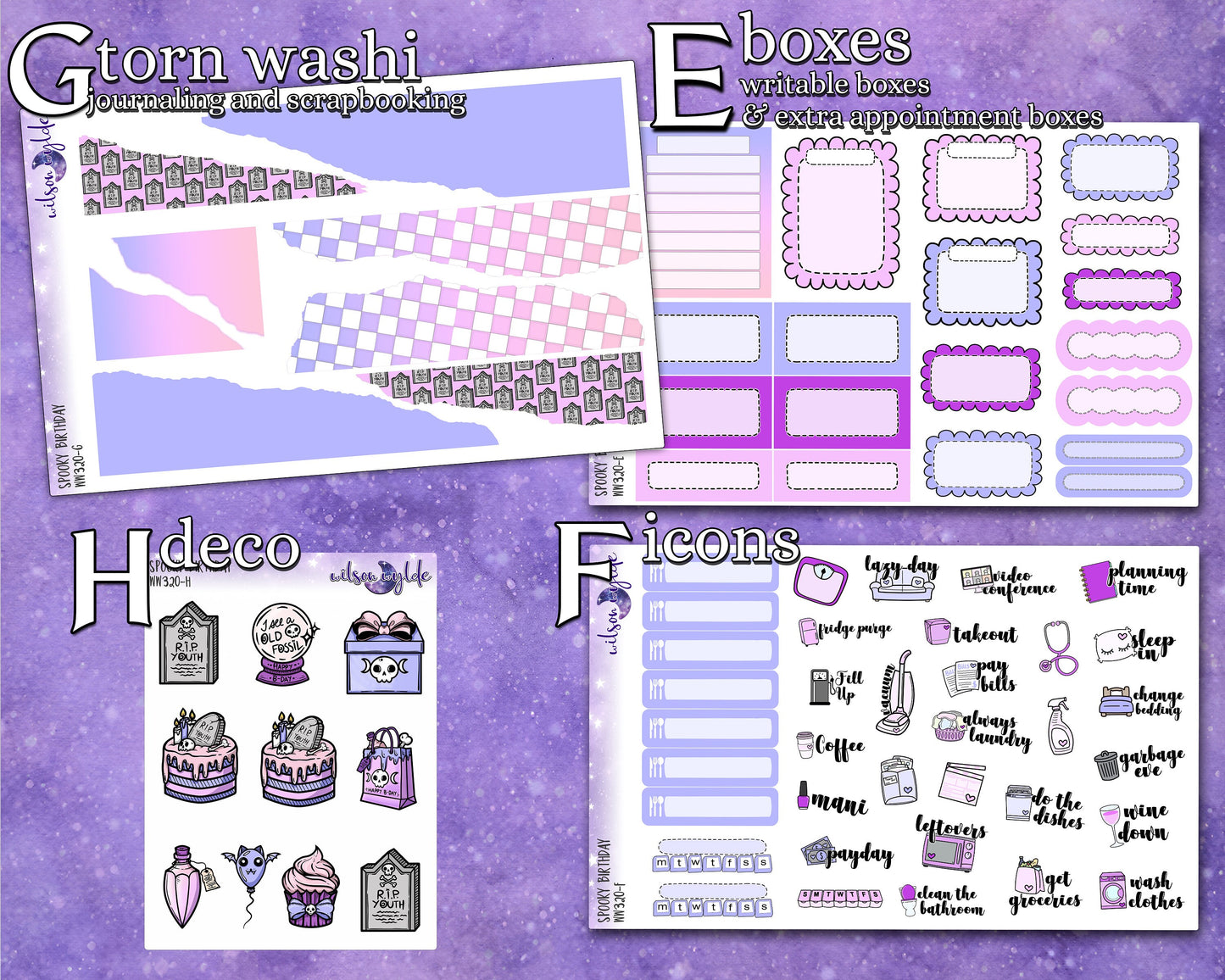 Spooky Birthday full weekly sticker kit, HOBONICHI COUSIN format, a la carte and bundle options. WW320