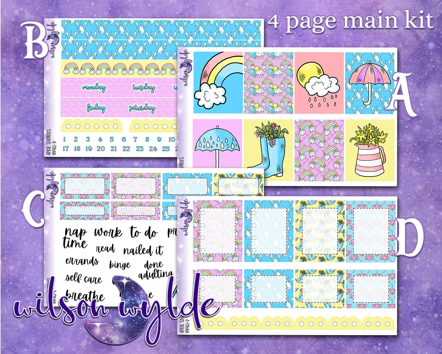 April Showers full weekly sticker kit, standard vertical format, a la carte and bundle options. WW412